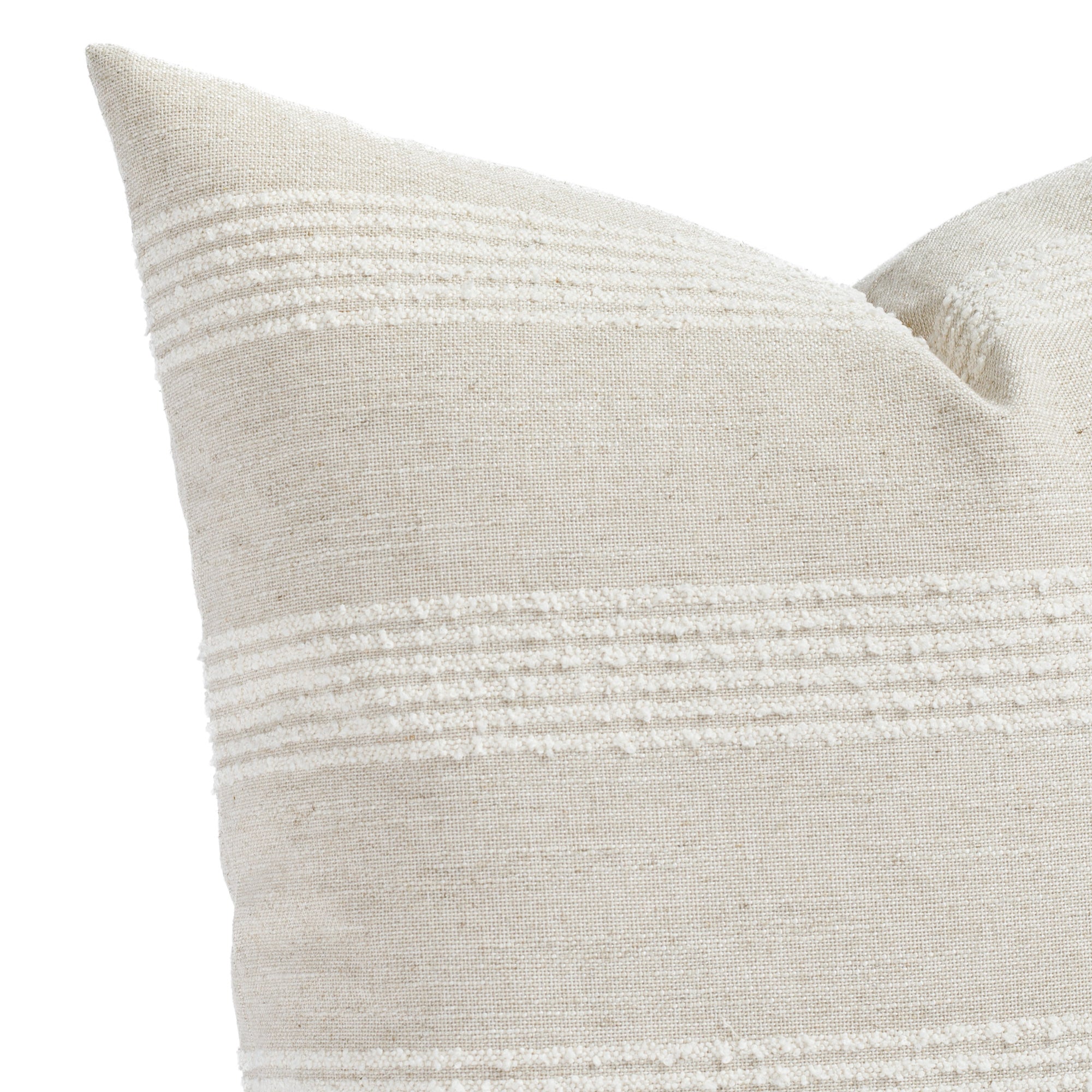 an off white and oatmeal chenille striped pillow : close up view