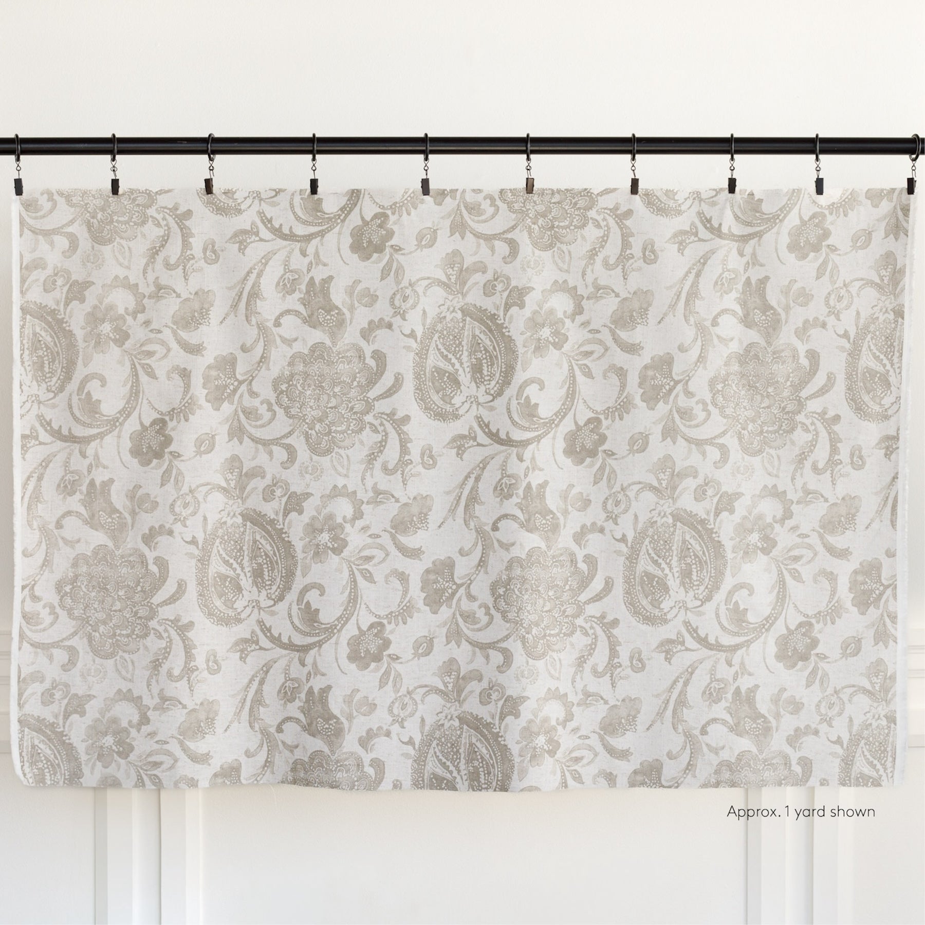 an oatmeal and earthy gray Jacobean floral print home decor fabric: one yard cut