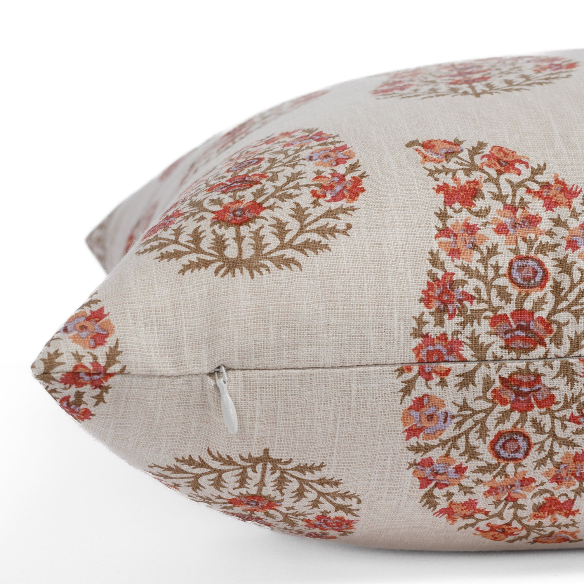 Side zipper view of Tonic Living's Grace 20x20 throw pillow, featuring floral paisley botanical pattern.
