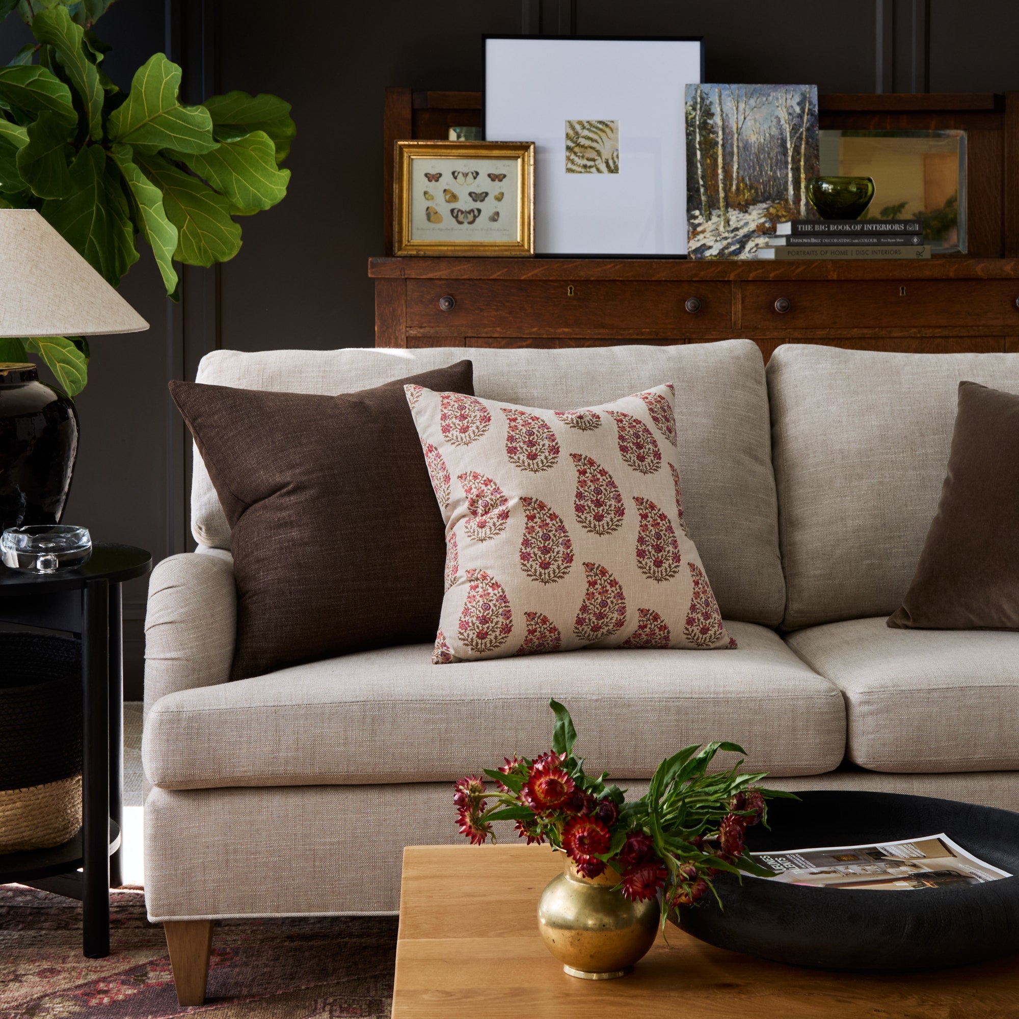 Living room with Grace Rosewood and Bedford Coffee brown throw pillows styled on a sofa – Tonic Living