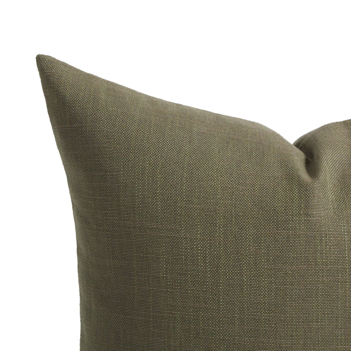 Close up of Tonic Living Hampton Moss pillow showing its earthy green colour and linen-inspired woven texture.