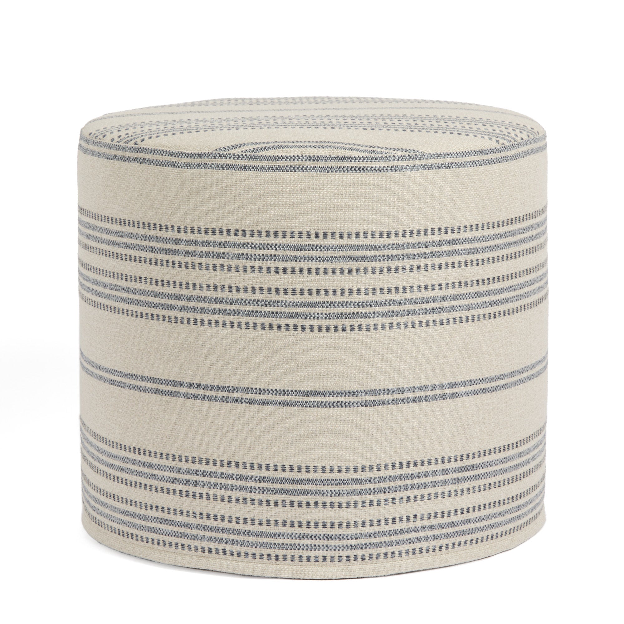 Tonic Living Hopper Stripe 18x16 round ottoman in Denim featuring layered blue and tan horizontal stripes.