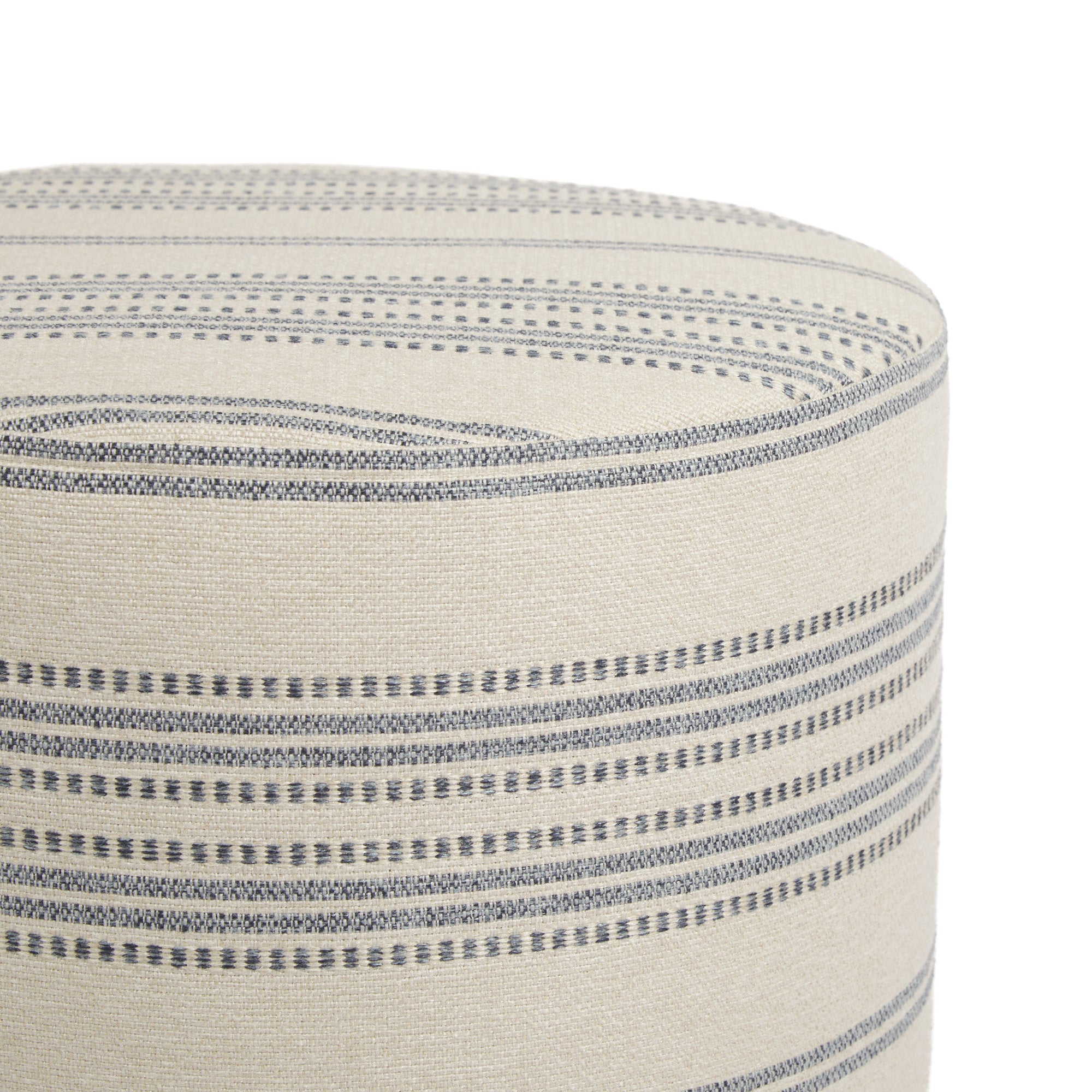 Close up of Tonic Living Hopper Stripe footstool showing denim blue and light tan stripe detail with textured weave.