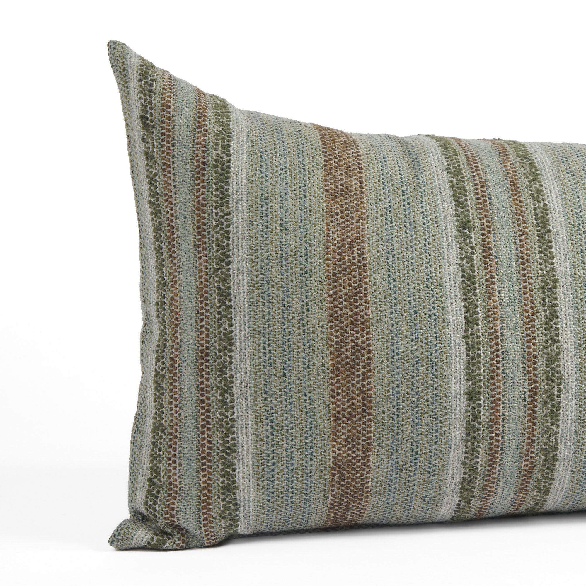 Close up of Tonic Living Indie Stripe bed bolster showing green, teal, brown, and white woven stripe detail.