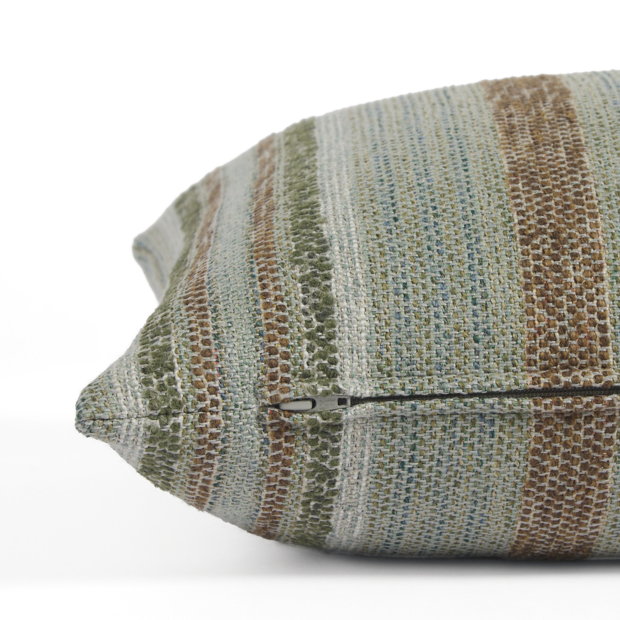 Side zipper detail of Tonic Living Indie Stripe 16x42 bolster pillow in green and teal tonal stripe.