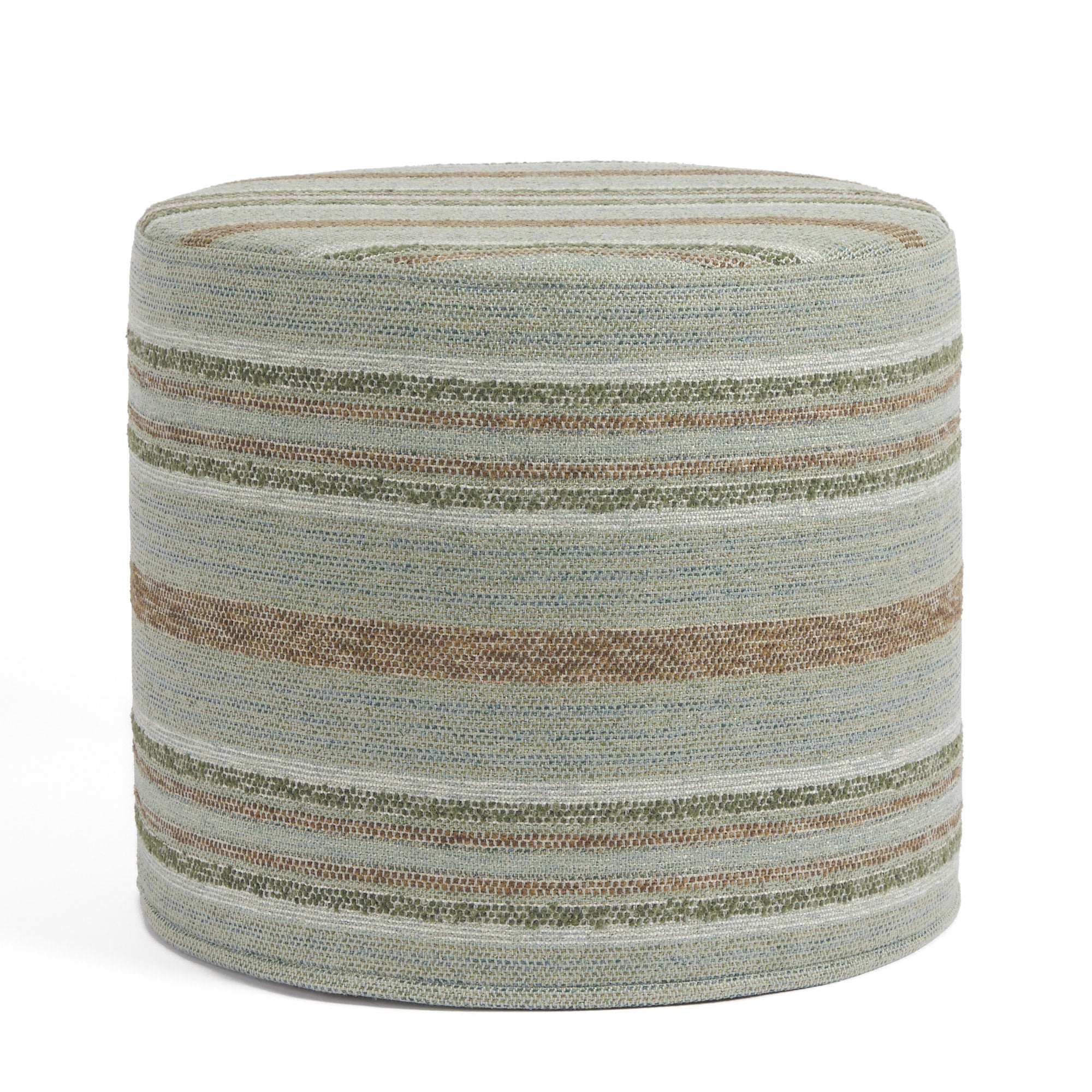 Tonic Living Indie Stripe 18x16 round ottoman in Lagoon featuring green and teal textured horizontal stripes.