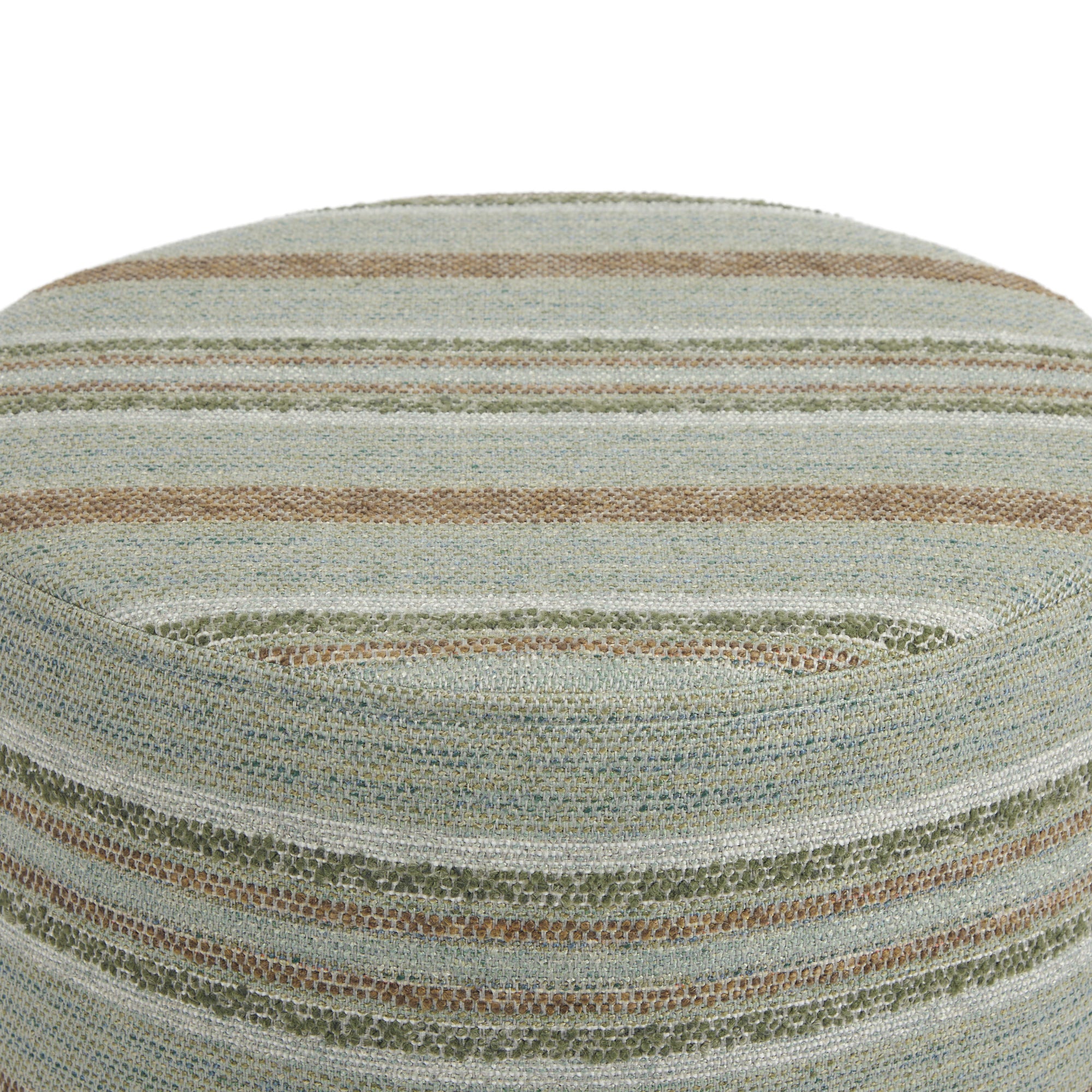 Close up of Tonic Living Indie Stripe footstool showing its textured woven fabric in green and teal tones.