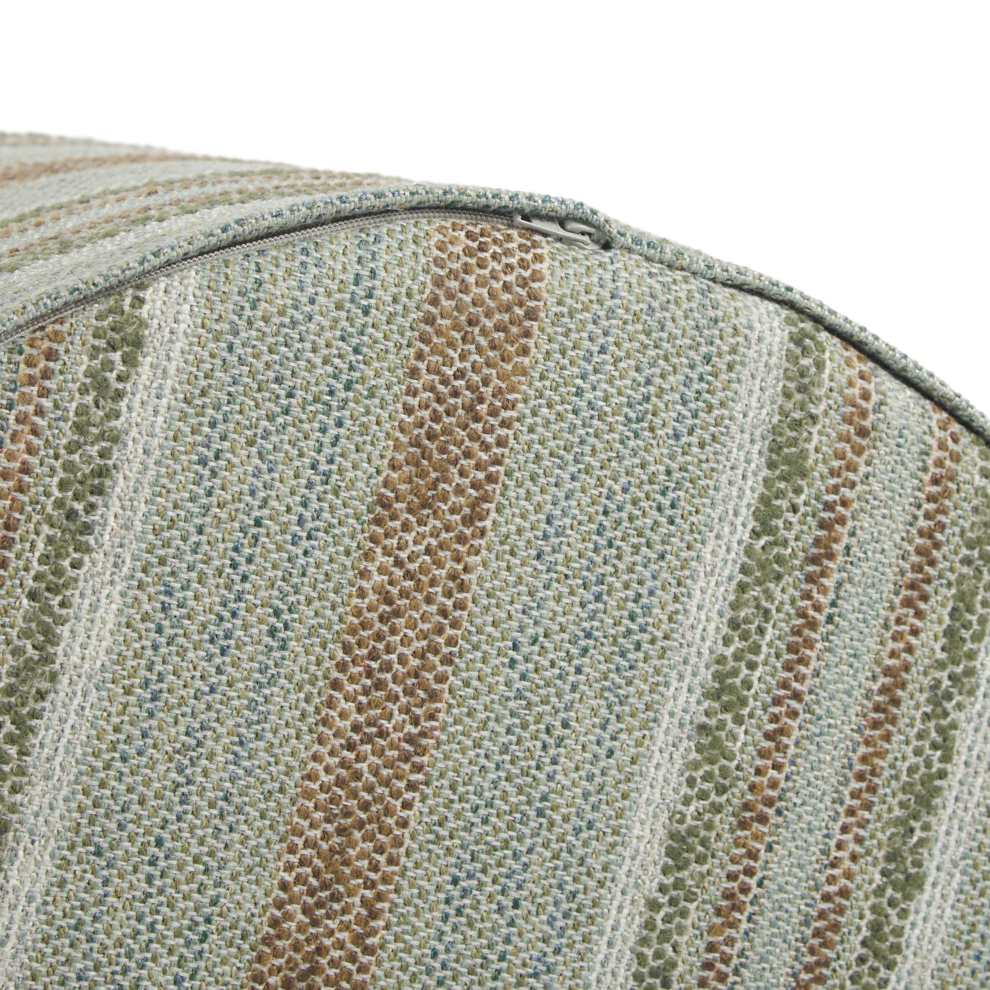 Bottom zipper detail of Tonic Living Indie Stripe 18x16 round ottoman in green and teal stripe fabric.