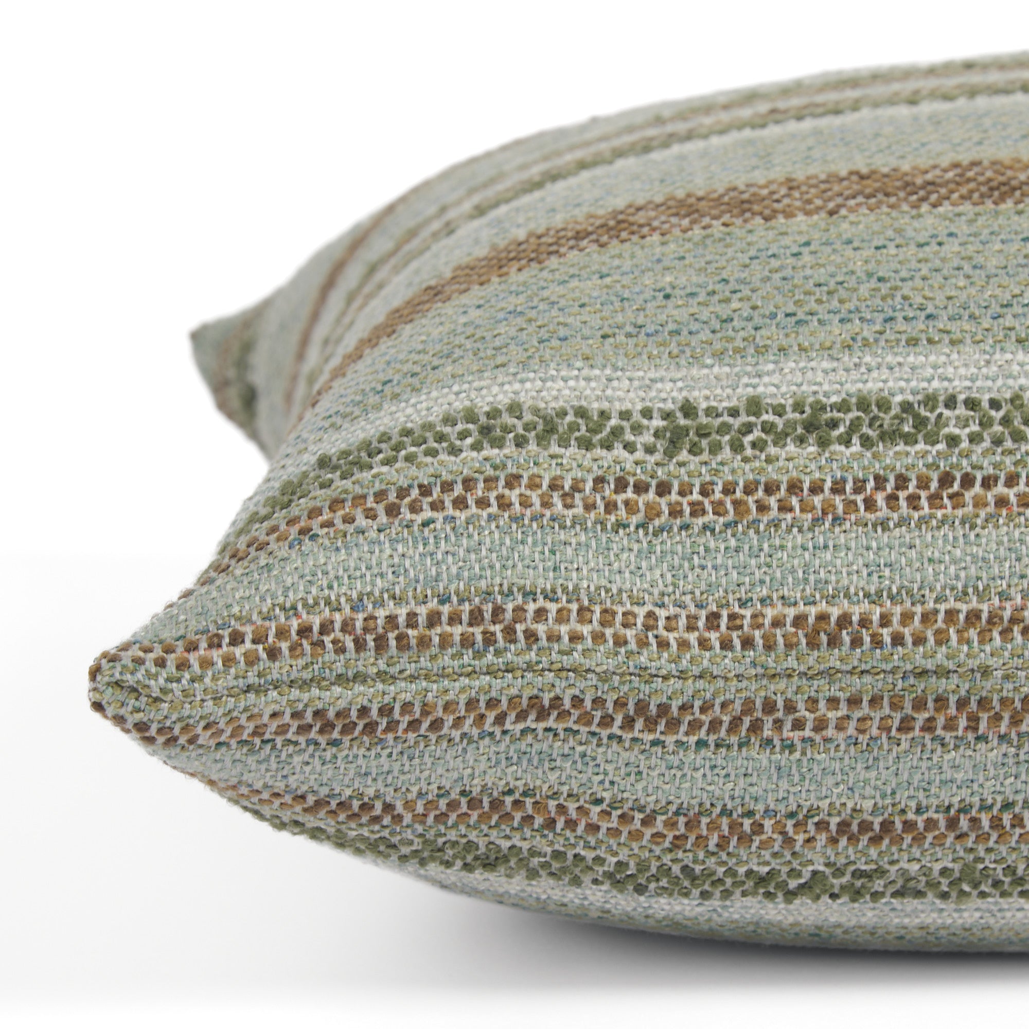 Side view of Tonic Living Indie Stripe decorative cushion highlighting its layered green and teal stripe texture.