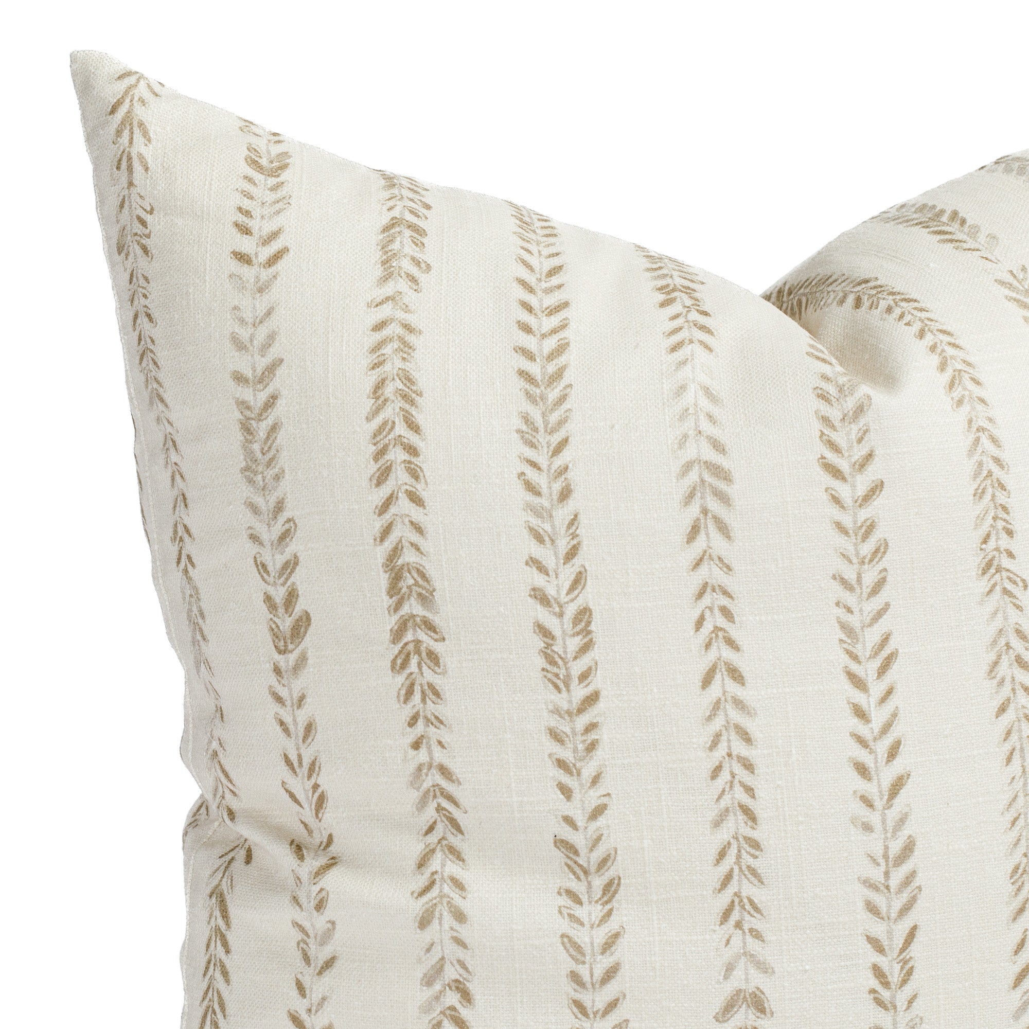a chestnut brown and cream leaf vine block print pillow : close up view