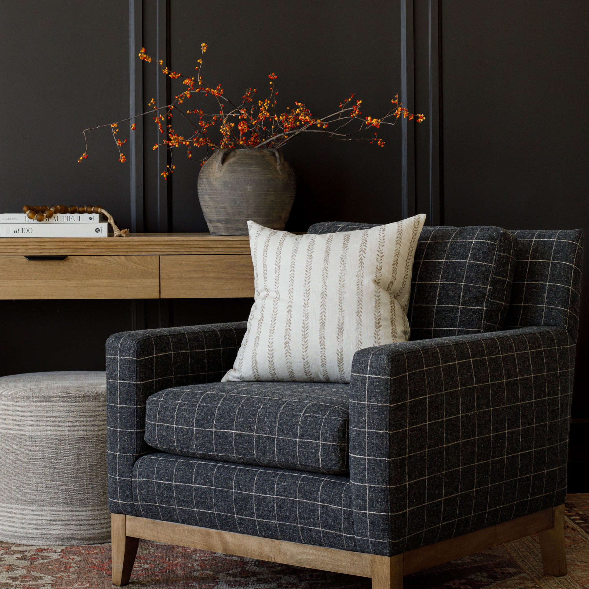 earth toned home decor : Ivy 20x20 Pillow, Chestnut on a Dundee Sable upholstered chair seat