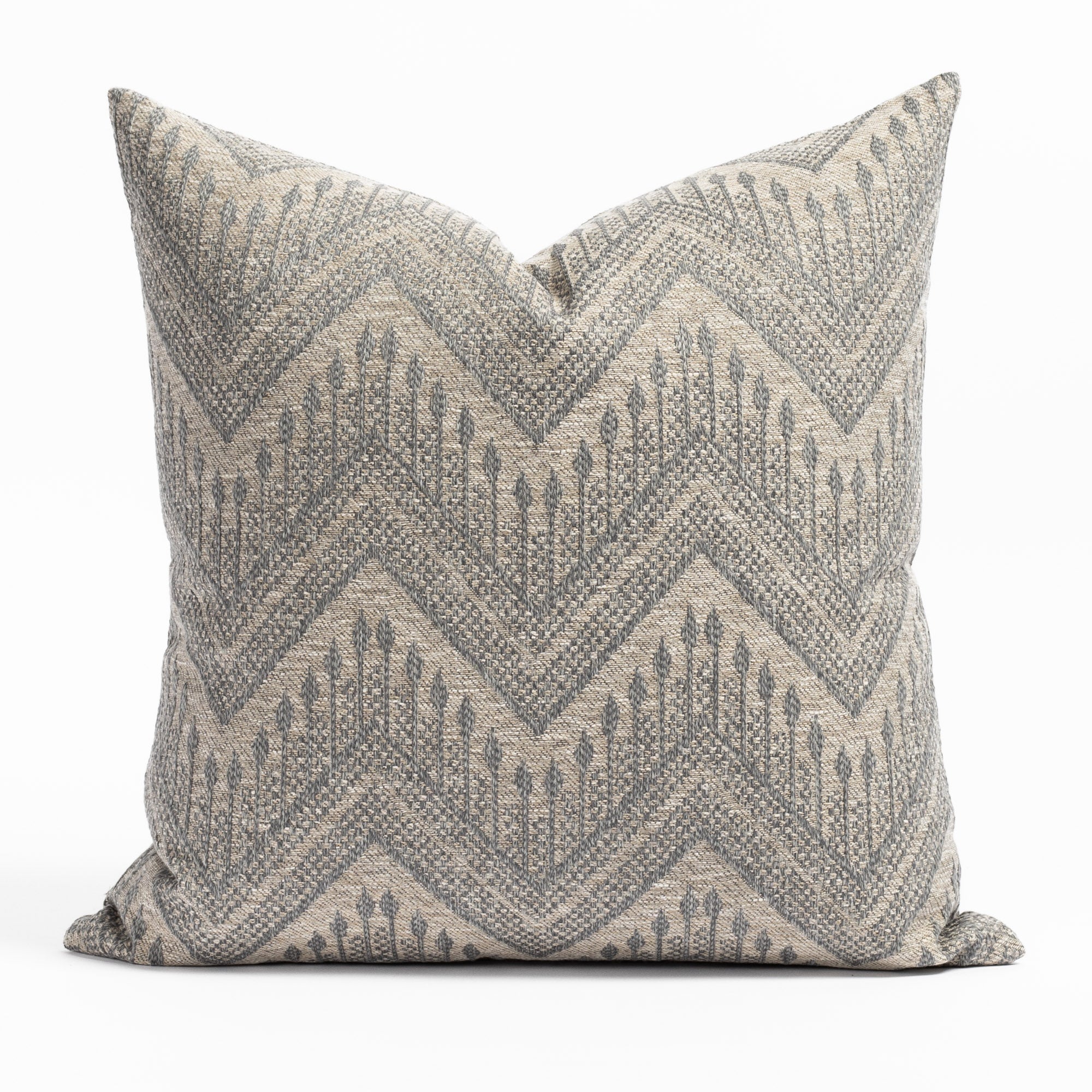 Joyce 22x22 Denim, a grey and denim blue intricate zig zag patterned throw pillow from Tonic Living