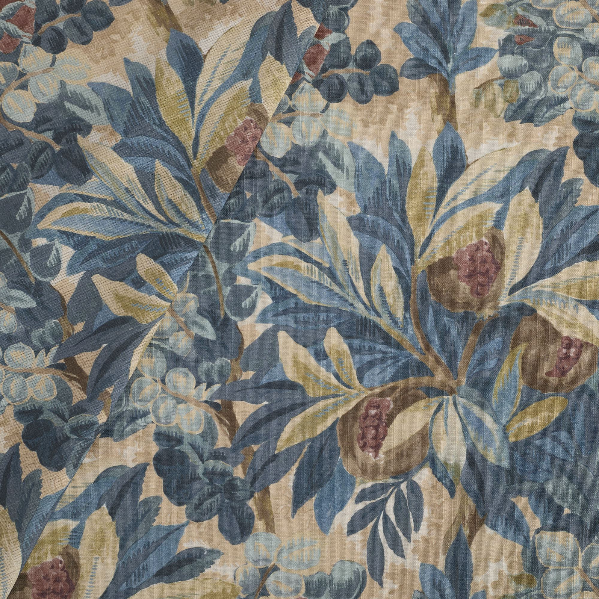 Juno Fabric, Navy by Tonic Living — linen-blend fabric with a painterly botanical floral pattern in navy and earthy hues.