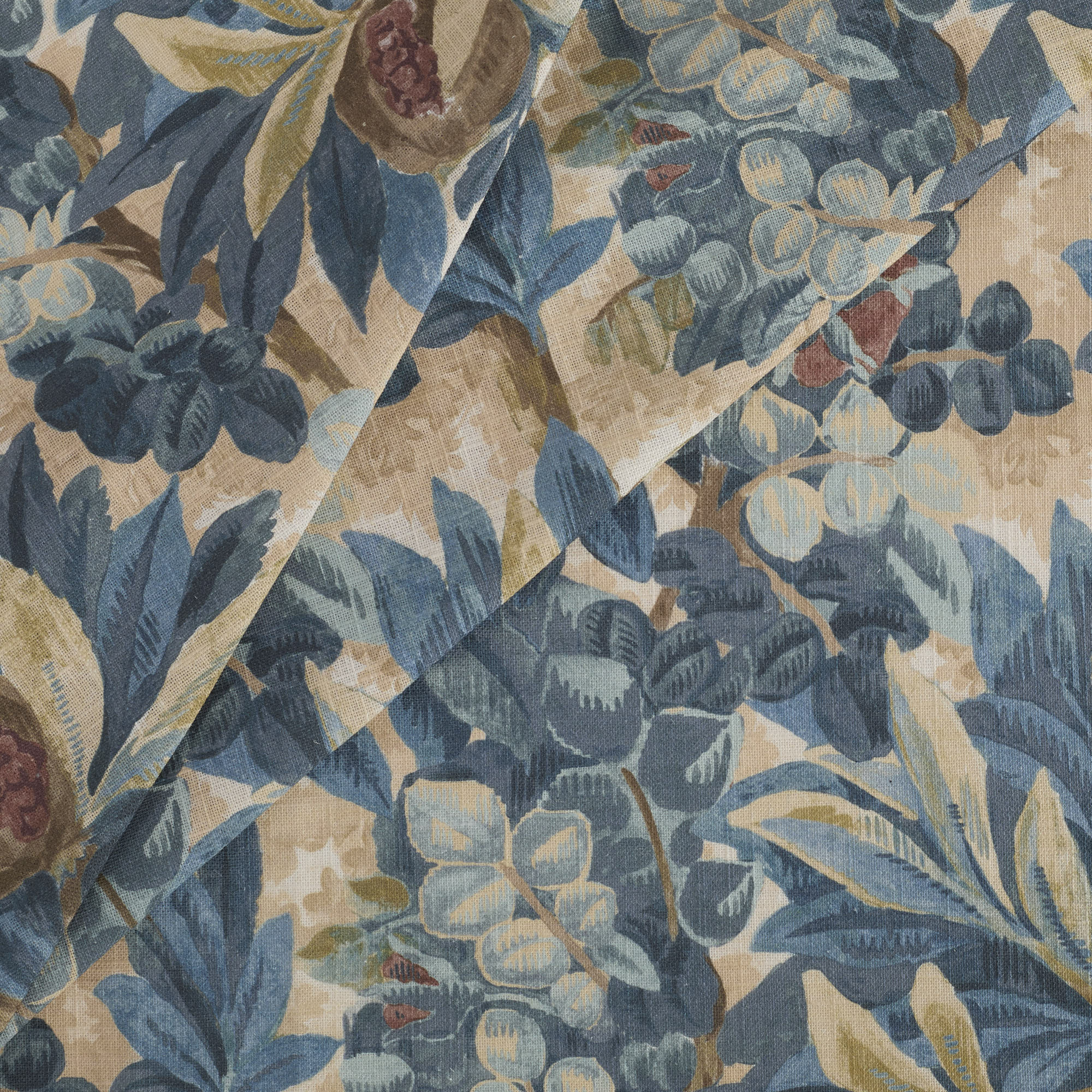 Tonic Living Juno Fabric, Navy — printed linen-blend drapery fabric with a navy blue and earthy botanical floral motif.