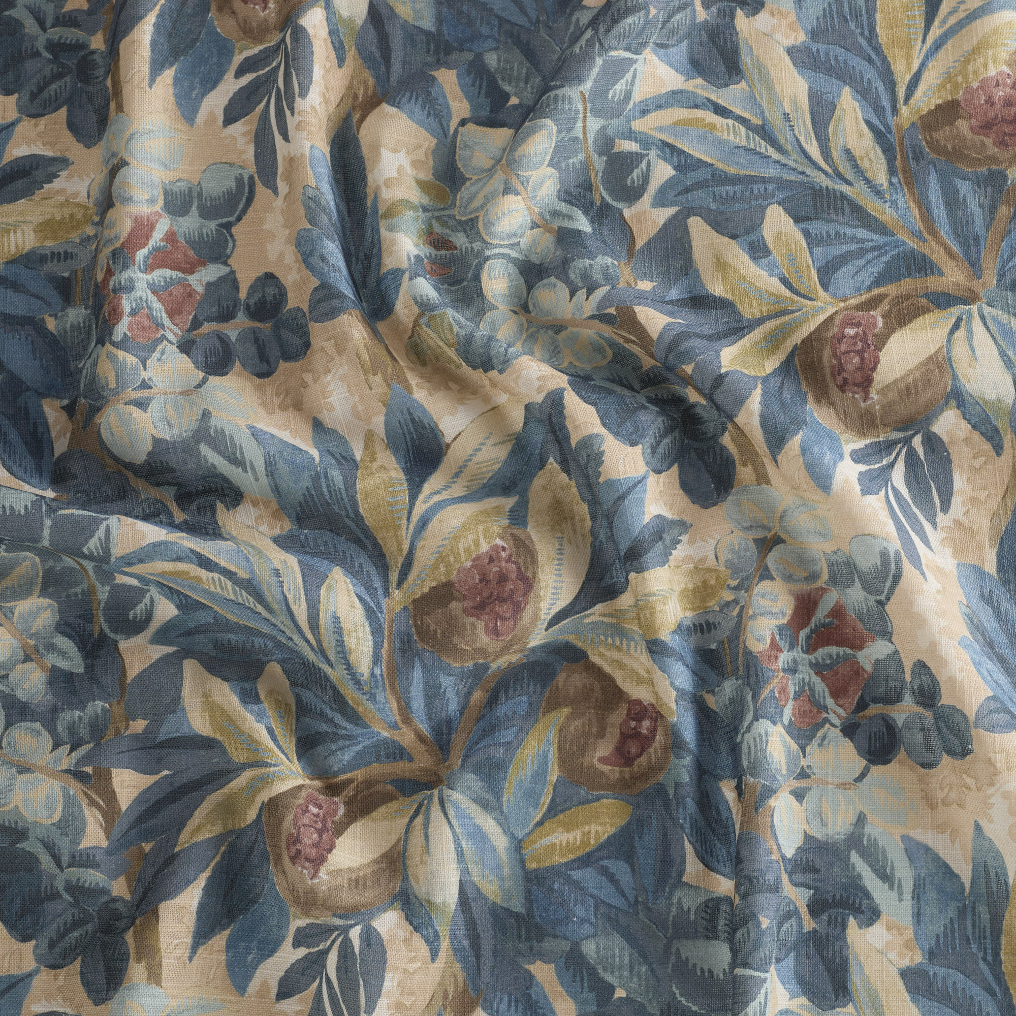 Juno Fabric, Navy by Tonic Living — linen-blend home decor fabric with a painterly navy floral pattern.
