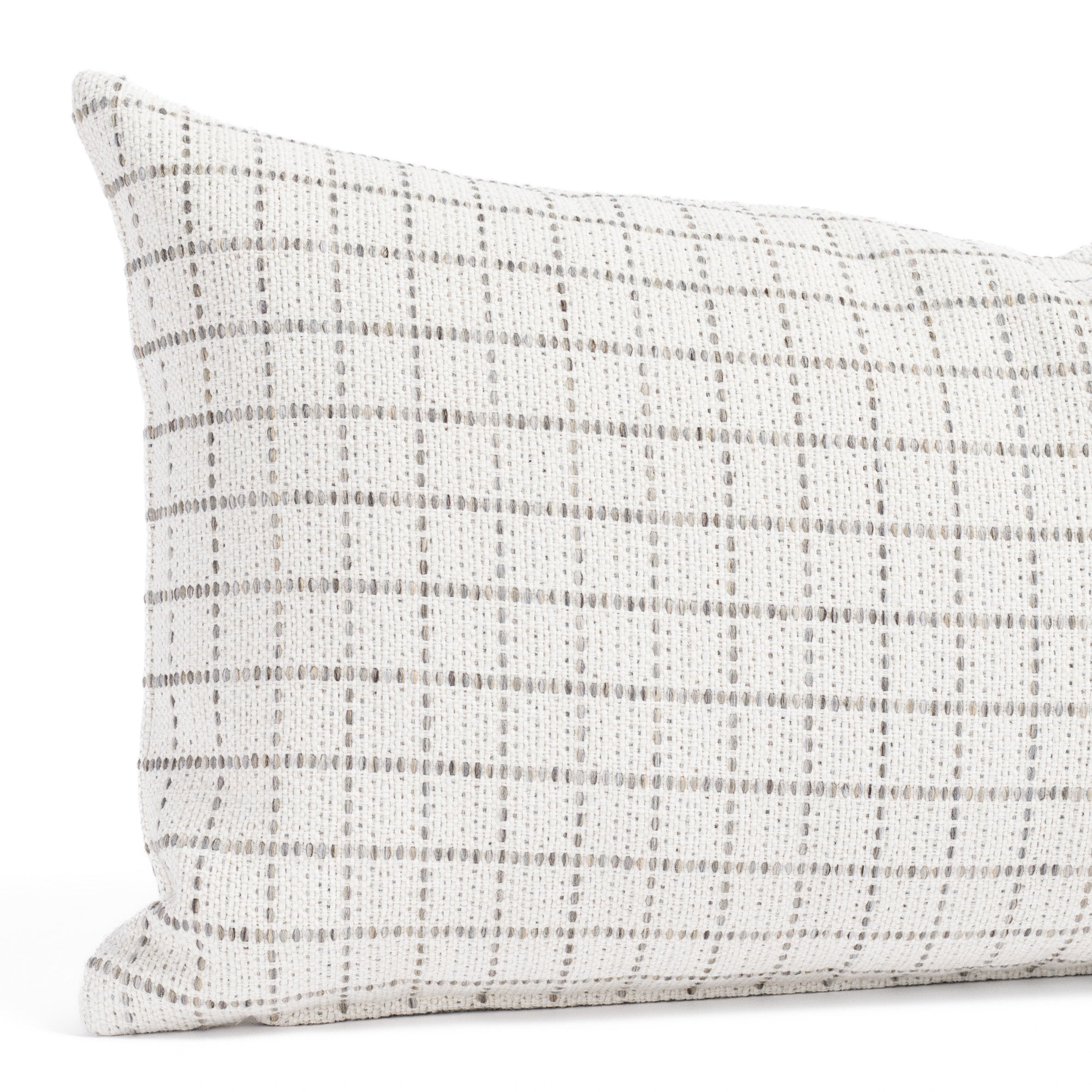 a cream and grey windowpane check pattern lumbar pillow