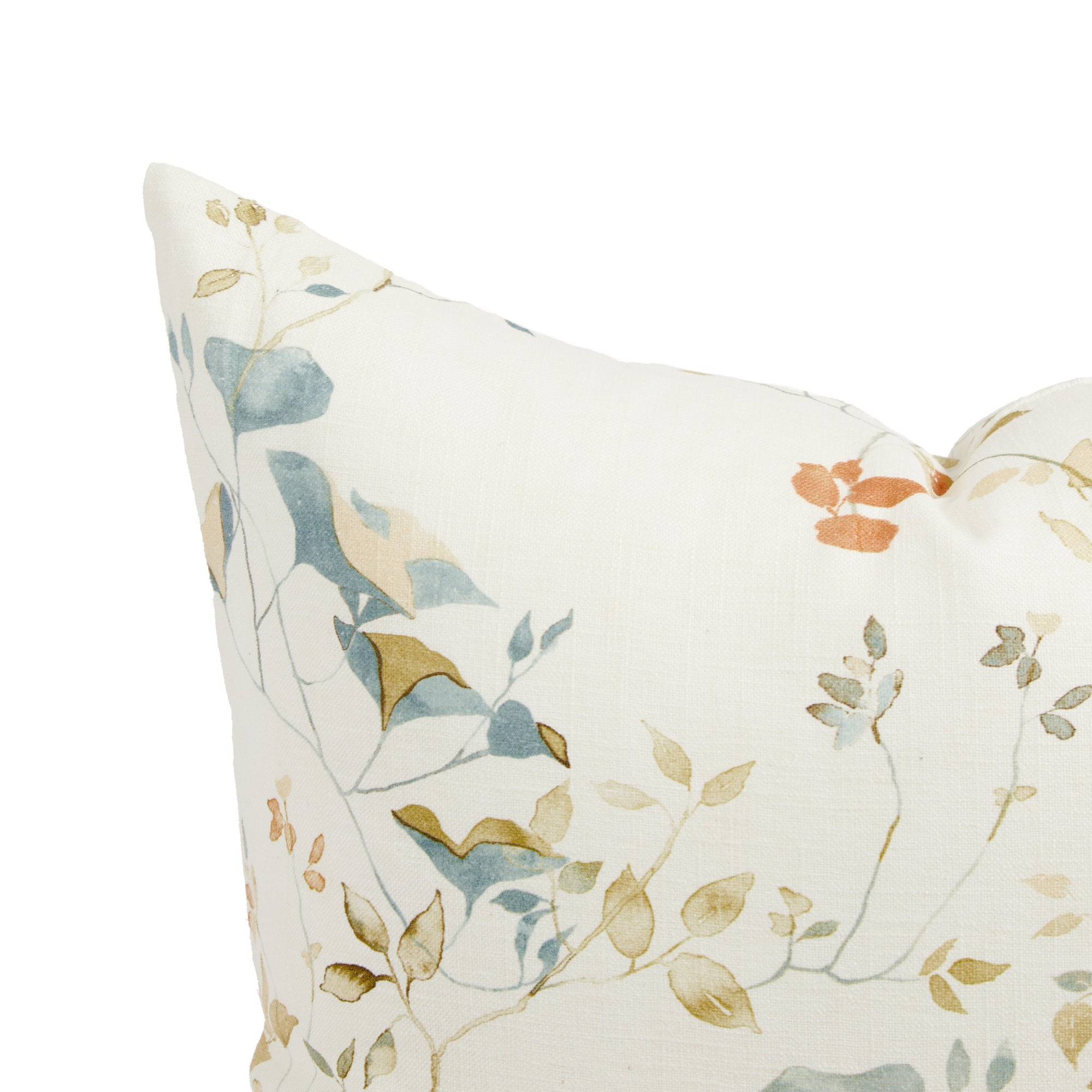 Close up of Tonic Living Laurel Meadow cushion showing ivory, dusty blue, terracotta, and wheat botanical detail.