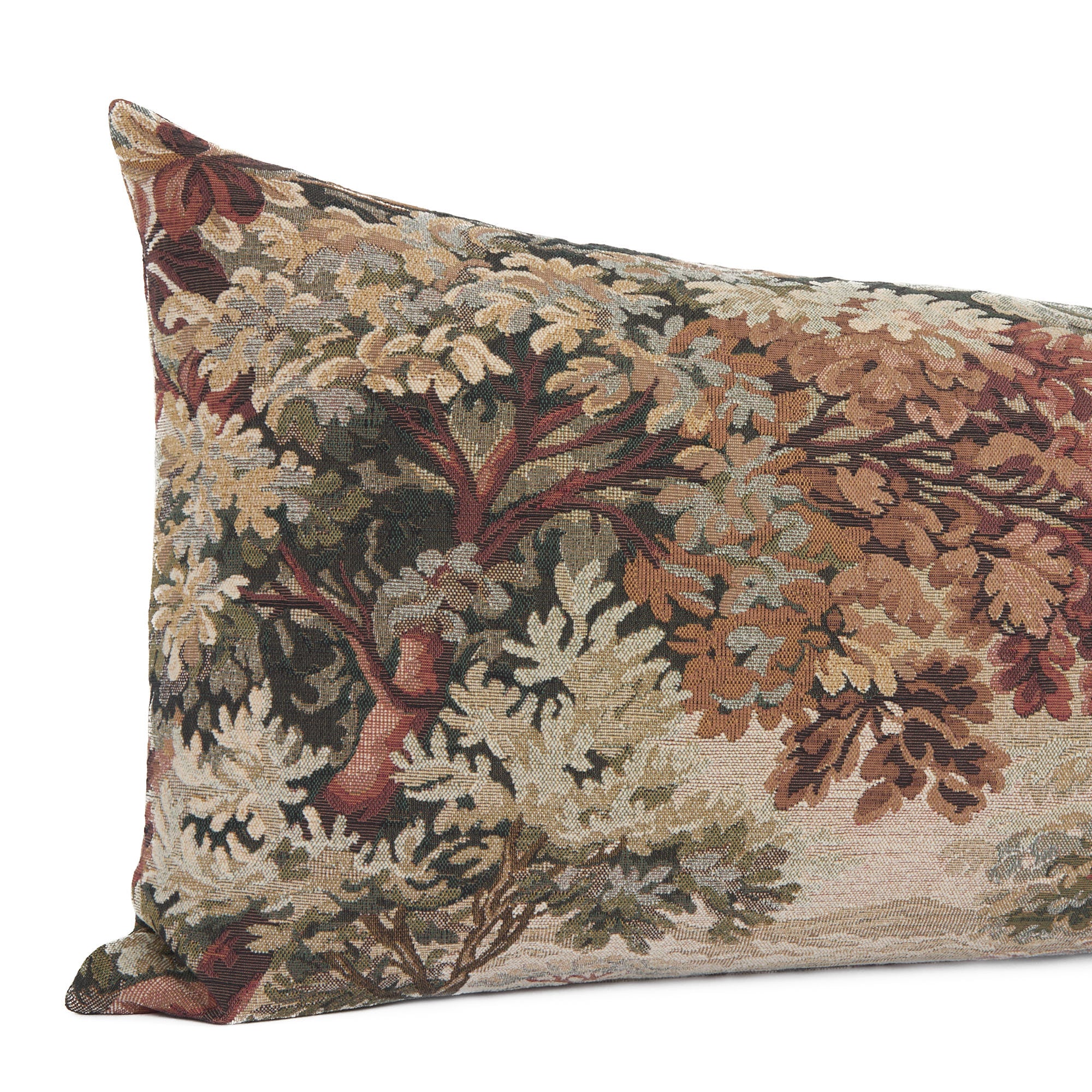 Close-up of Manor Tapestry Bolster Pillow, Burgundy by Tonic Living – richly woven tapestry texture.