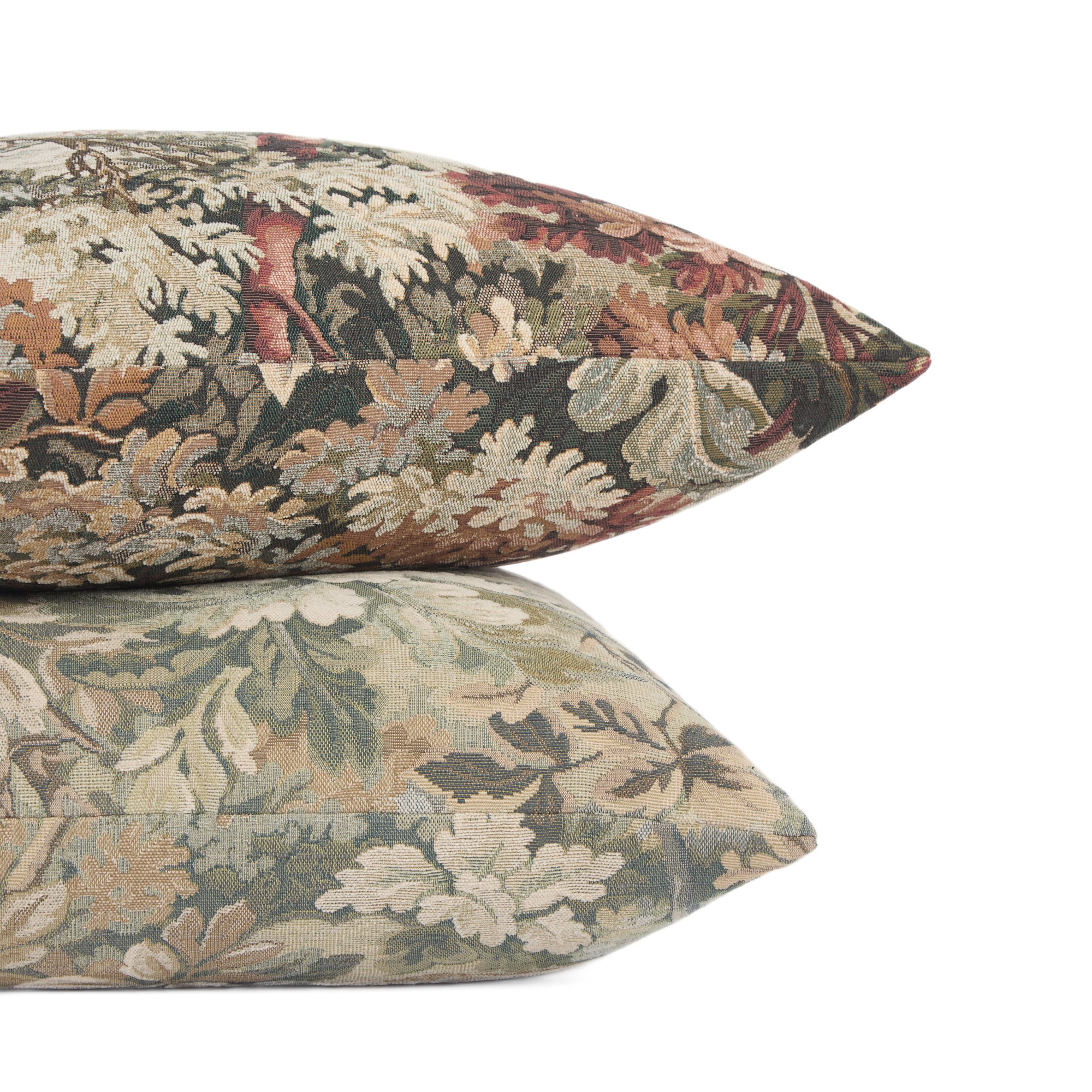 Stack of Manor Tapestry Pillows, Burgundy and Sage by Tonic Living – richly woven tapestry cushions.