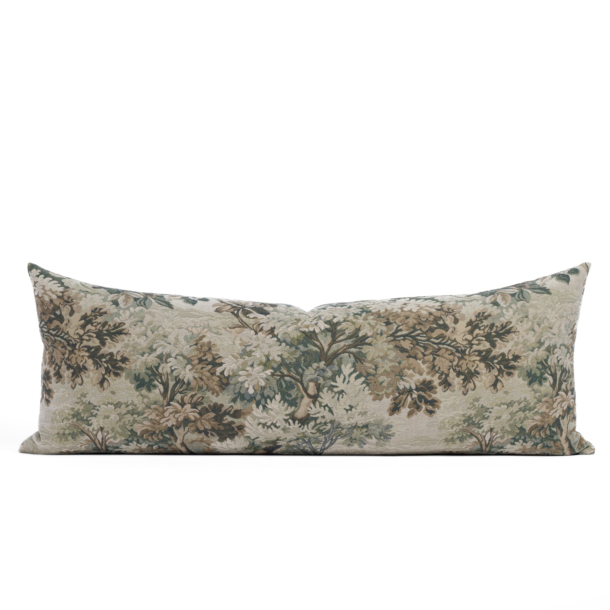Sage green tapestry bed bolster pillow, Manor 16x42 XL lumbar cushion by Tonic Living.