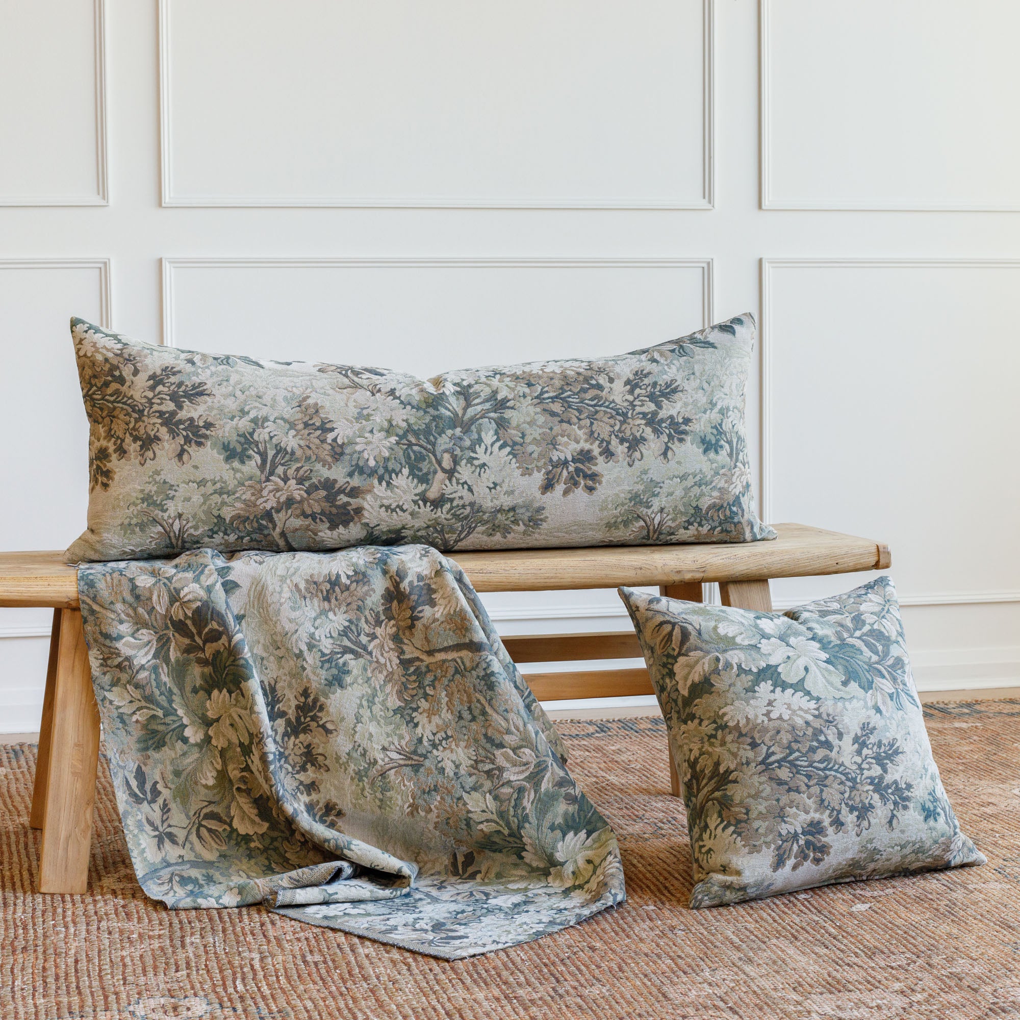 Tonic Living Manor Tapestry Sage collection styled together: 16x42 bolster pillow, 20x20 pillow, and fabric.