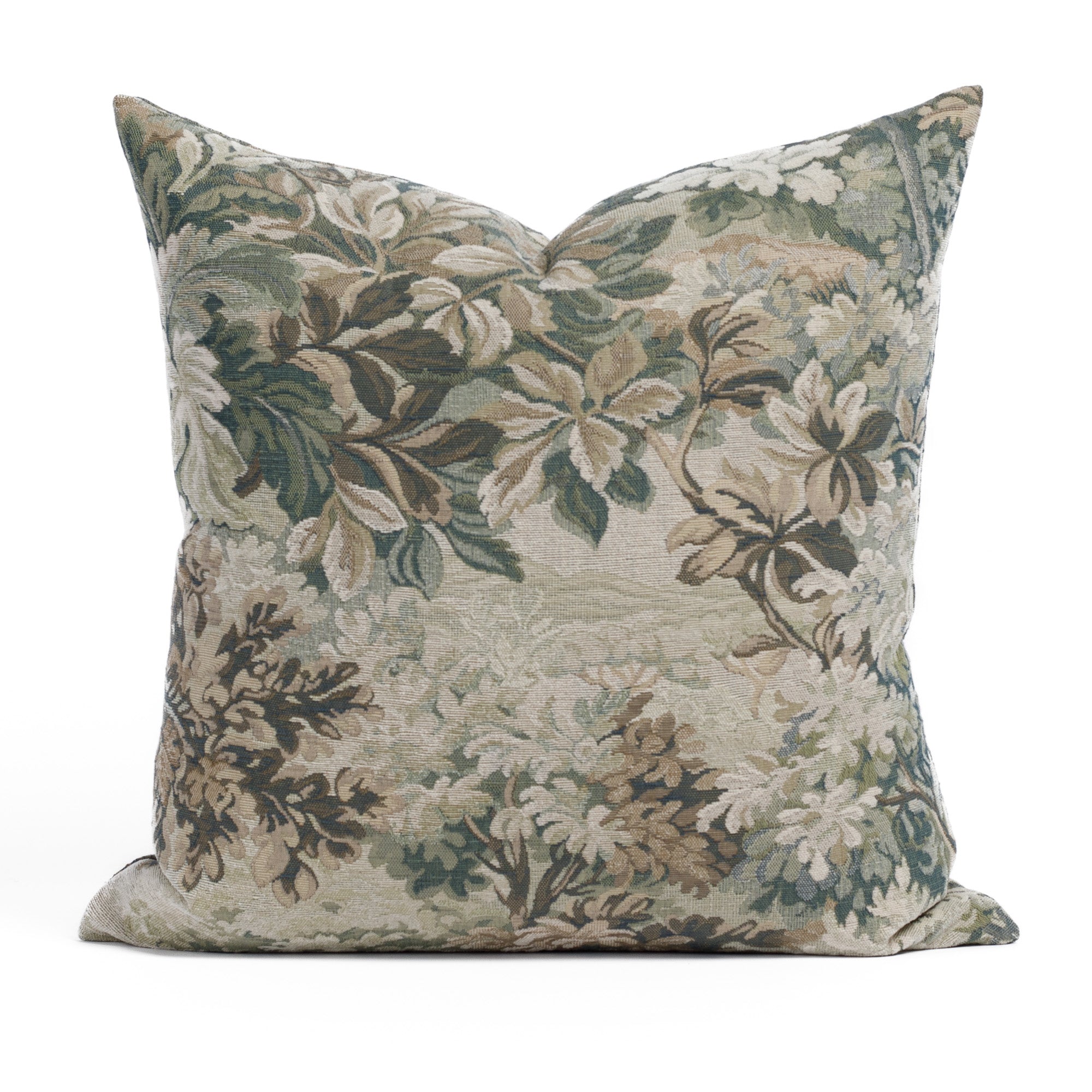 Tonic Living Manor Tapestry 20x20 throw pillow in sage green with vintage botanical tapestry design.
