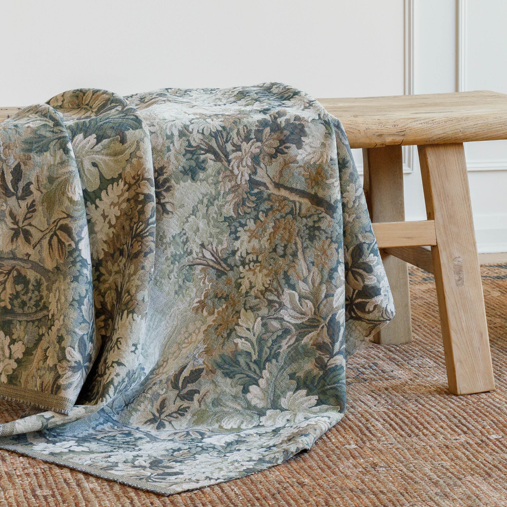 Tonic Living Manor Tapestry Moss sofa and couch upholstery fabric with vintage tapestry look.