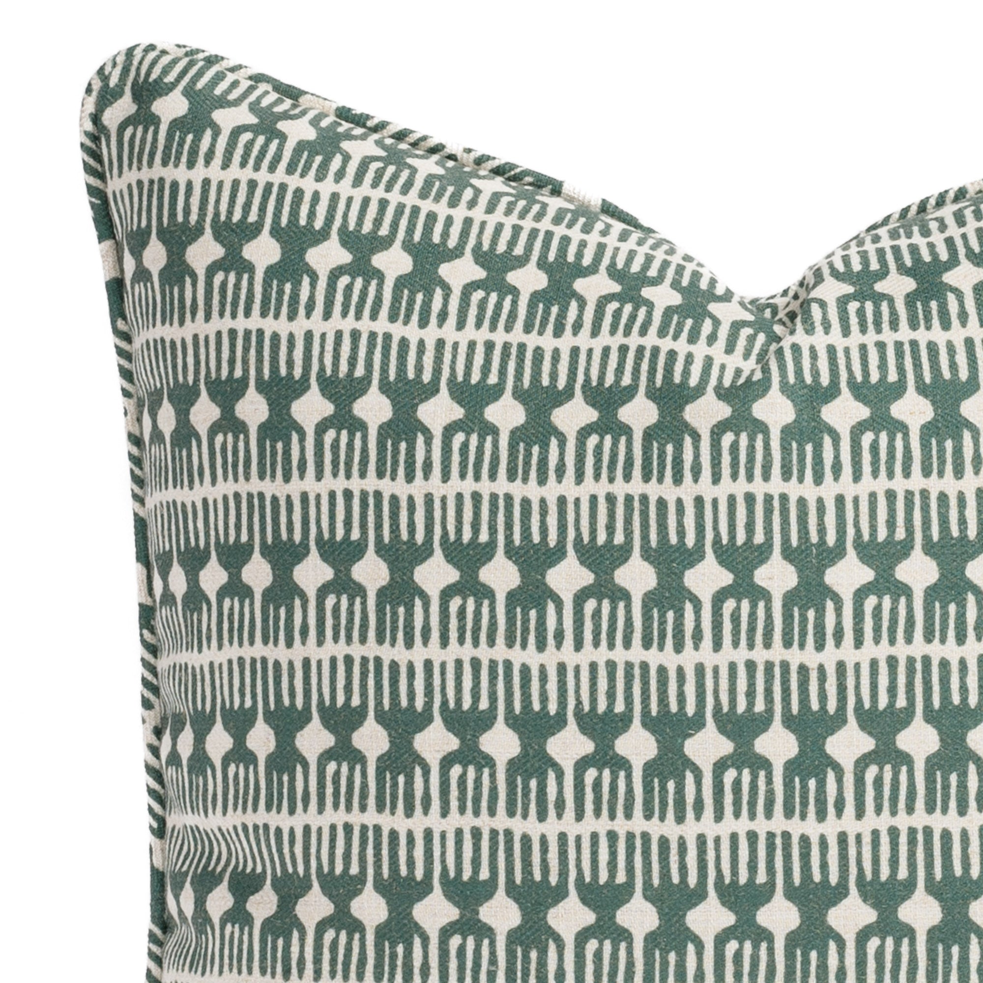 Close-up of a 20x20 green and beige pillow with a modern organic block print and piping detail (Meadow Emerald by Tonic Living).