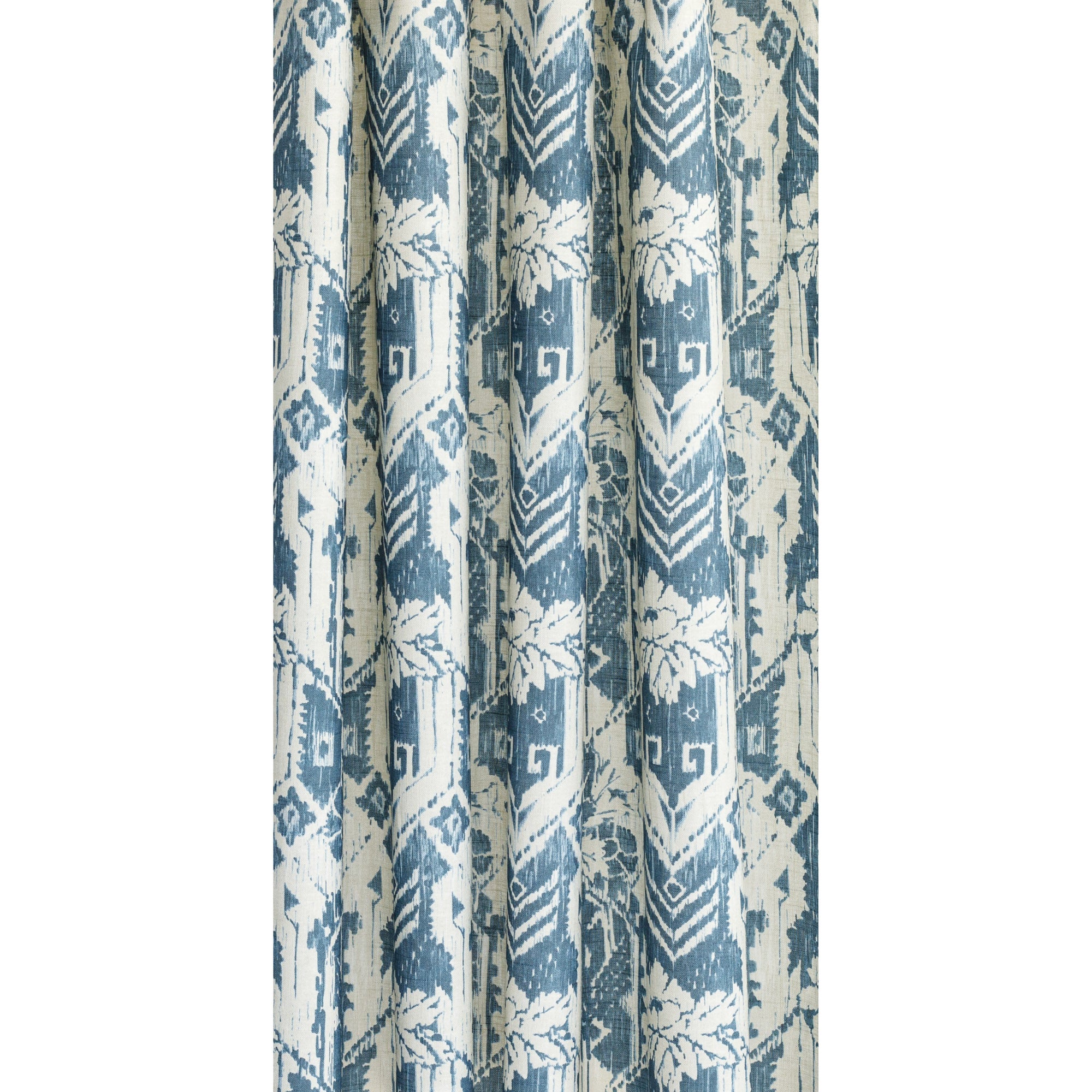 a cream and blue botanical ikat print curtain fabric