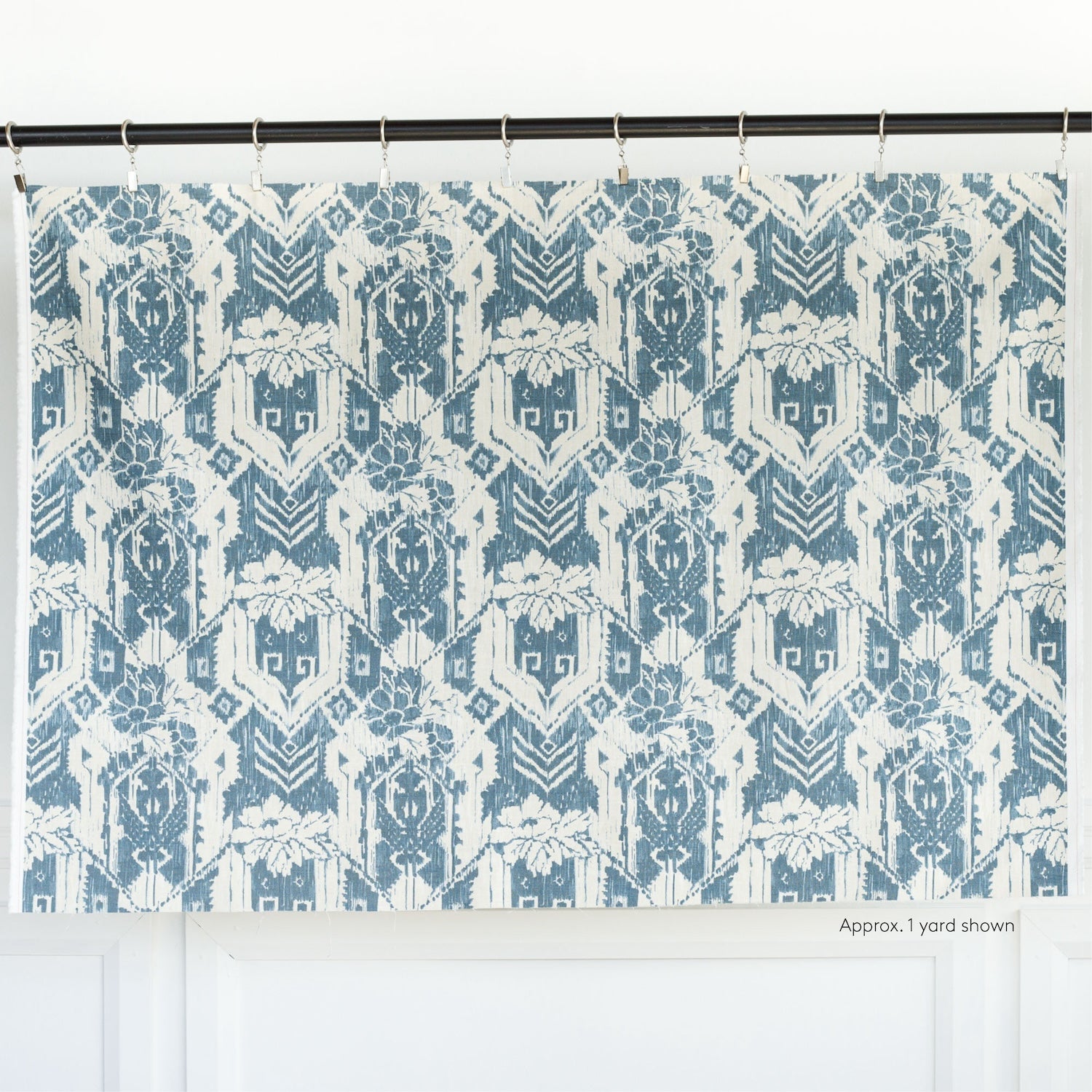 a cream and blue floral ikat print home decor fabric : one yard cut