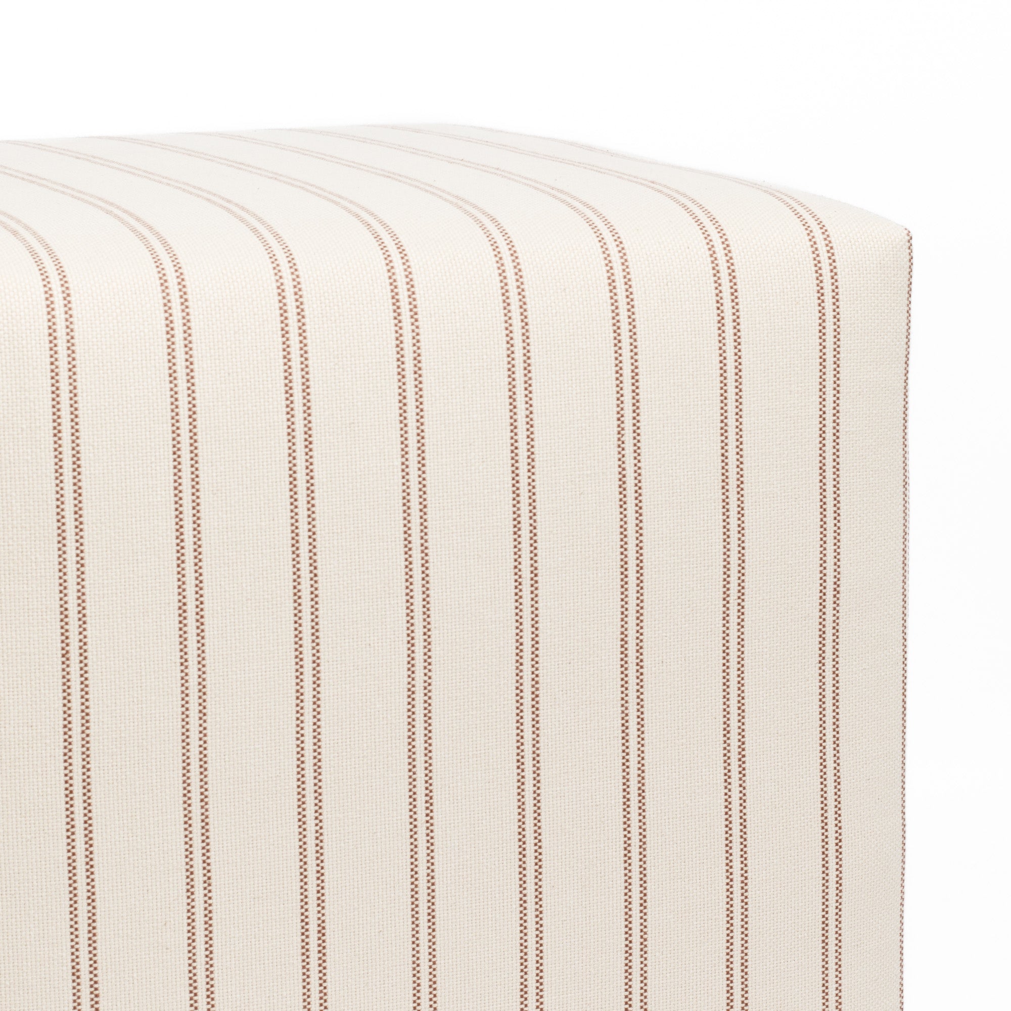 Close up of Tonic Living Rexton Stripe Merlot upholstered ottoman showing textured ticking stripe fabric in wine red and oatmeal.