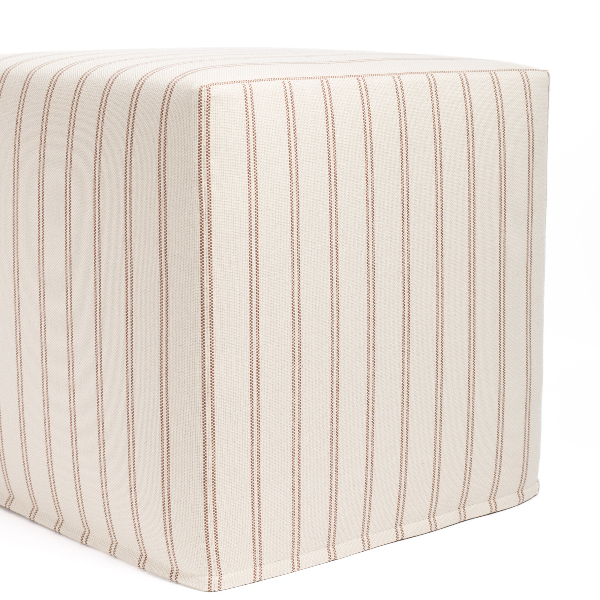 Corner angle view of Tonic Living Rexton Stripe Merlot ottoman — upholstered cube in burgundy and oatmeal fabric.