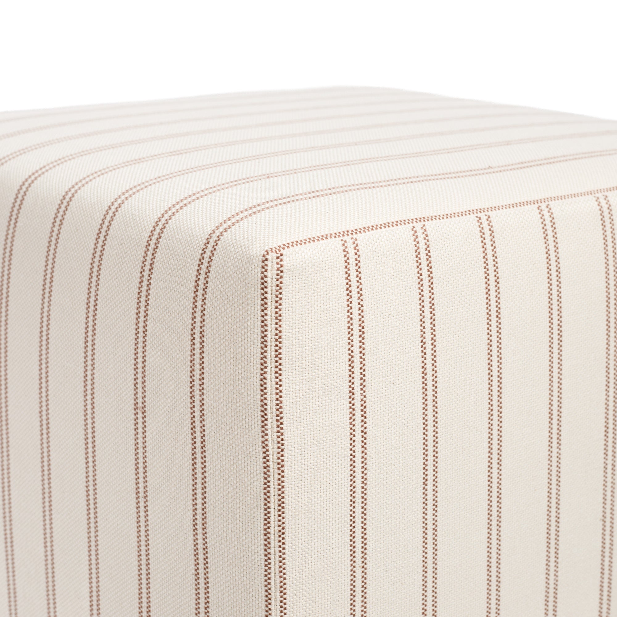 Detail view of Tonic Living Rexton Stripe Merlot accent ottoman in wine red and beige fabric, durable upholstery finish.