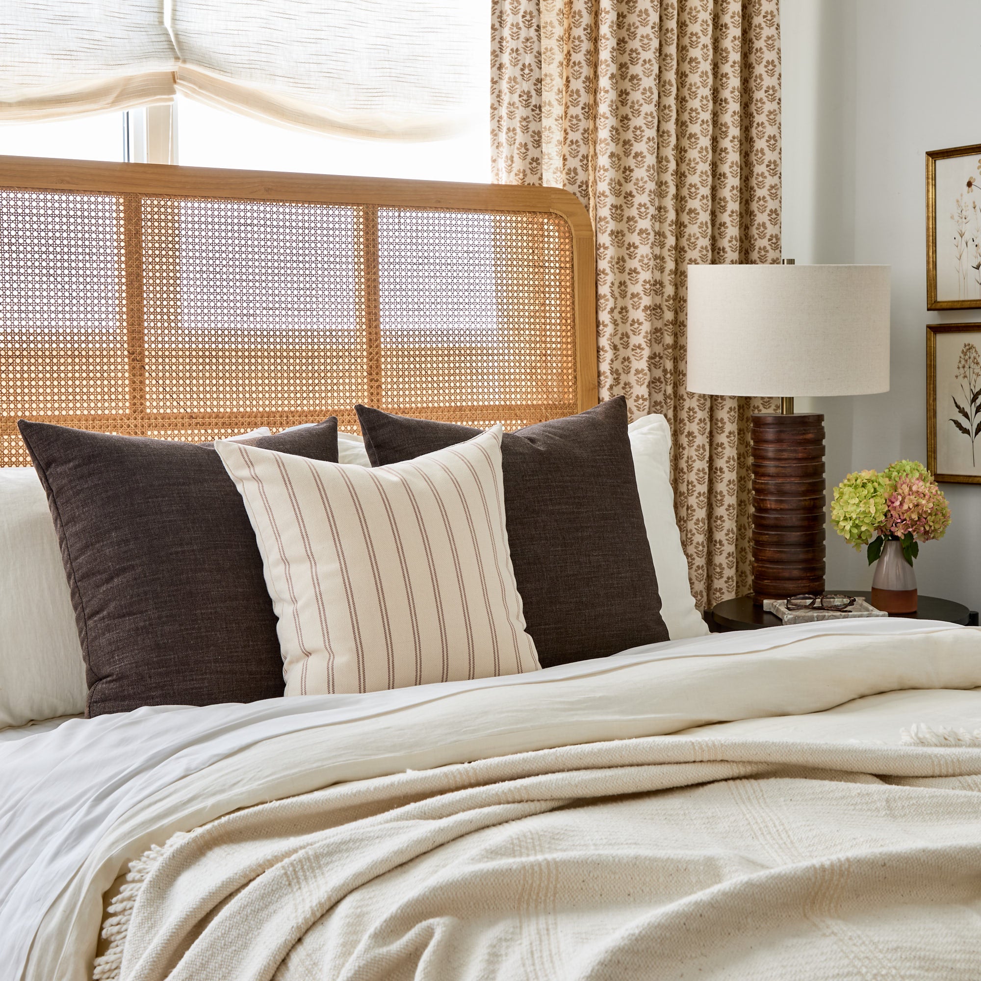 Bedroom styled with Tonic Living throw pillows - Bedford 22x22 Coffee brown and Rexton Stripe 20x20 beige & burgundy