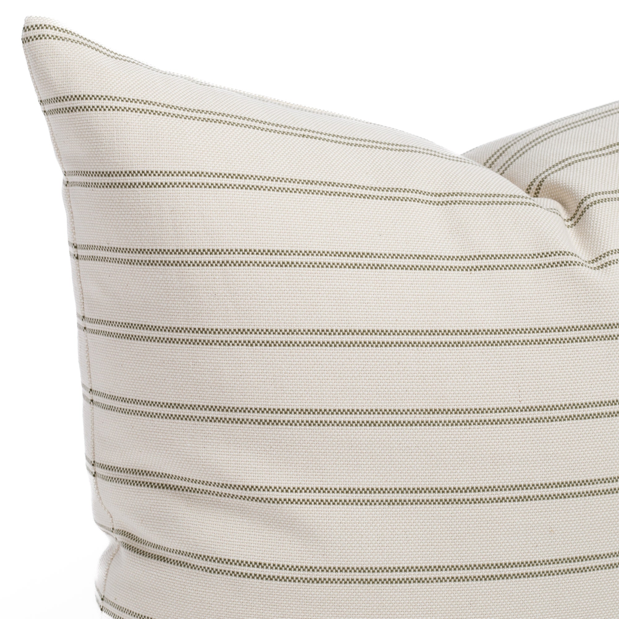 Close up of Tonic Living Rexton Stripe Moss accent pillow showing classic ticking stripes in earthy green and beige tones.