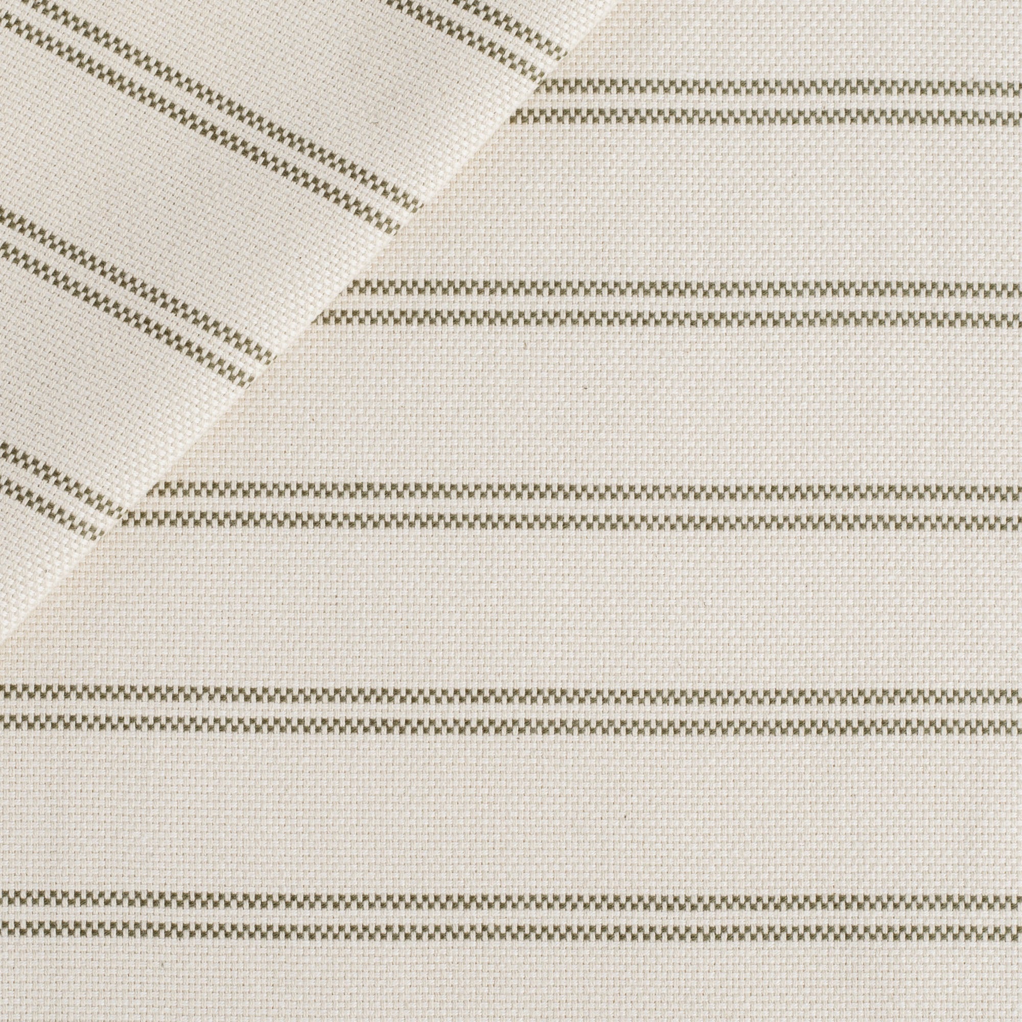 Tonic Living Rexton Stripe Fabric, Moss — high-performance home decor fabric with double ticking stripes in olive green and oatmeal tones.