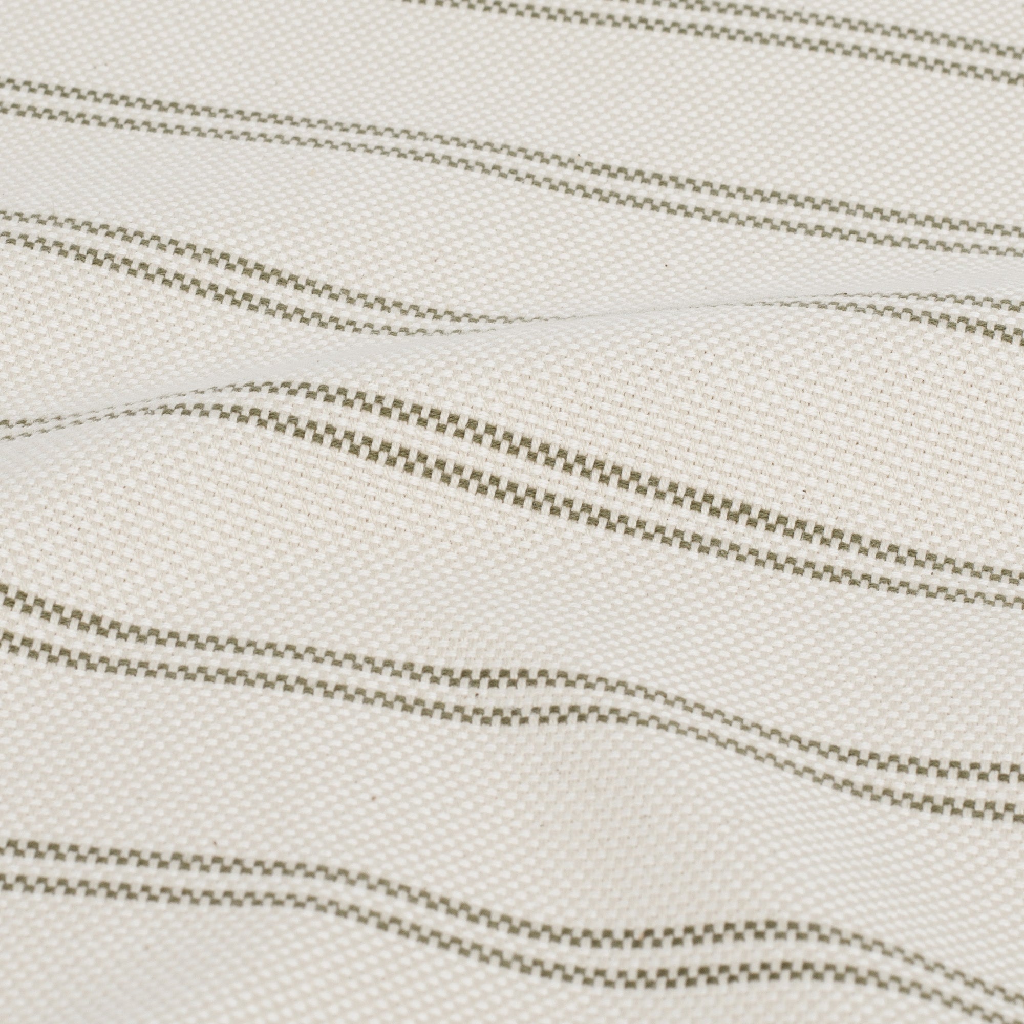 Close up of Tonic Living Rexton Stripe Moss fabric showing horizontal ticking stripes in moss green and beige, durable upholstery material.