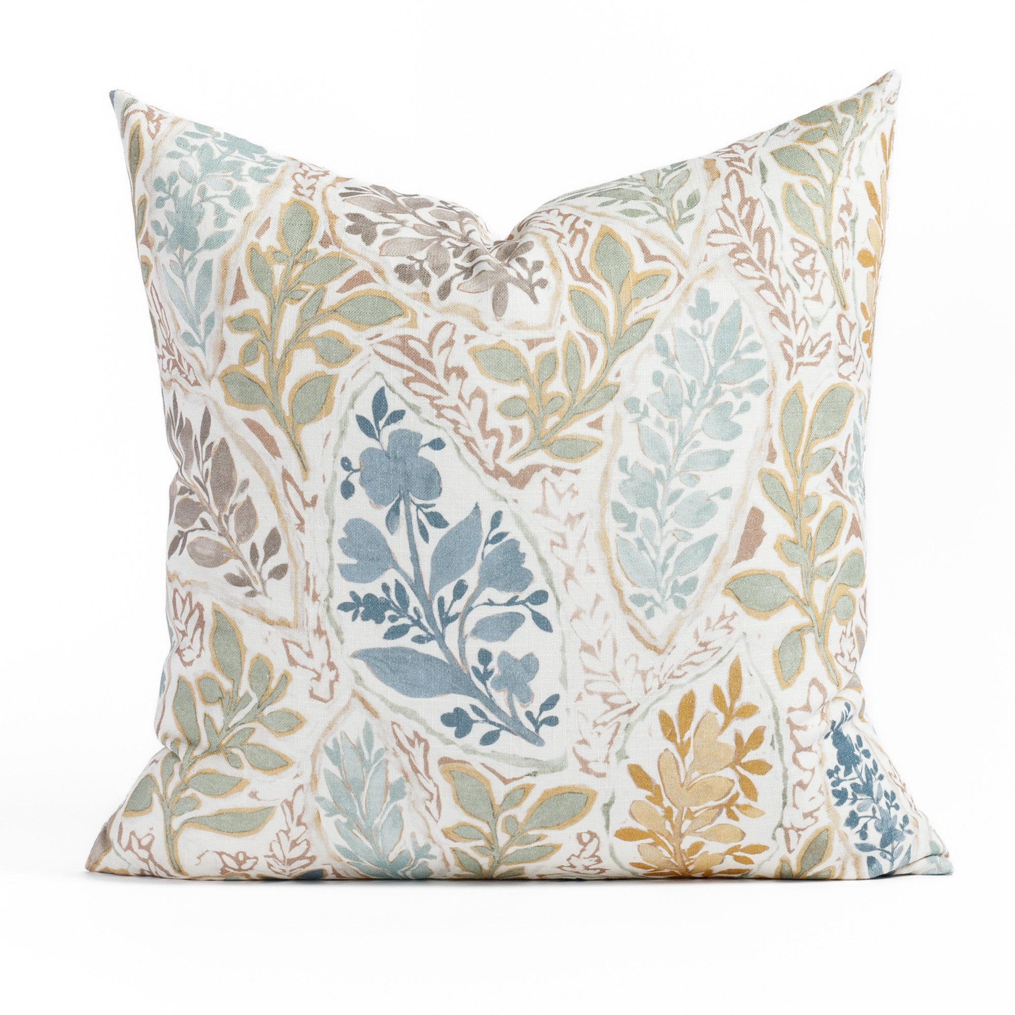 a multicoloured floral garden print throw pillow : back view