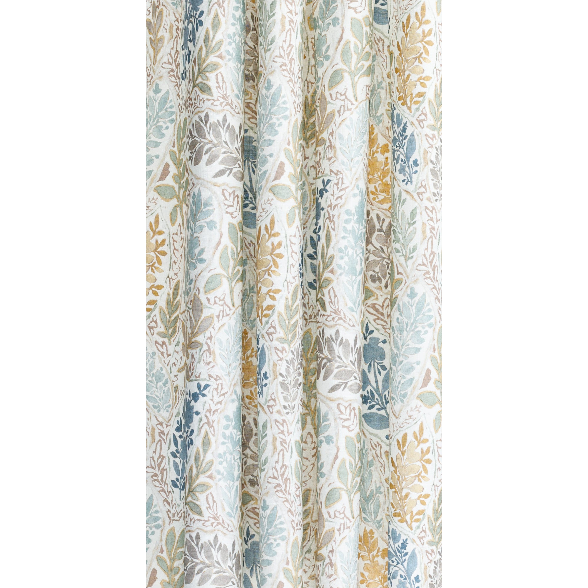 an aqua, sage, marigold, mauve and stone blue watery floral print drapery fabric