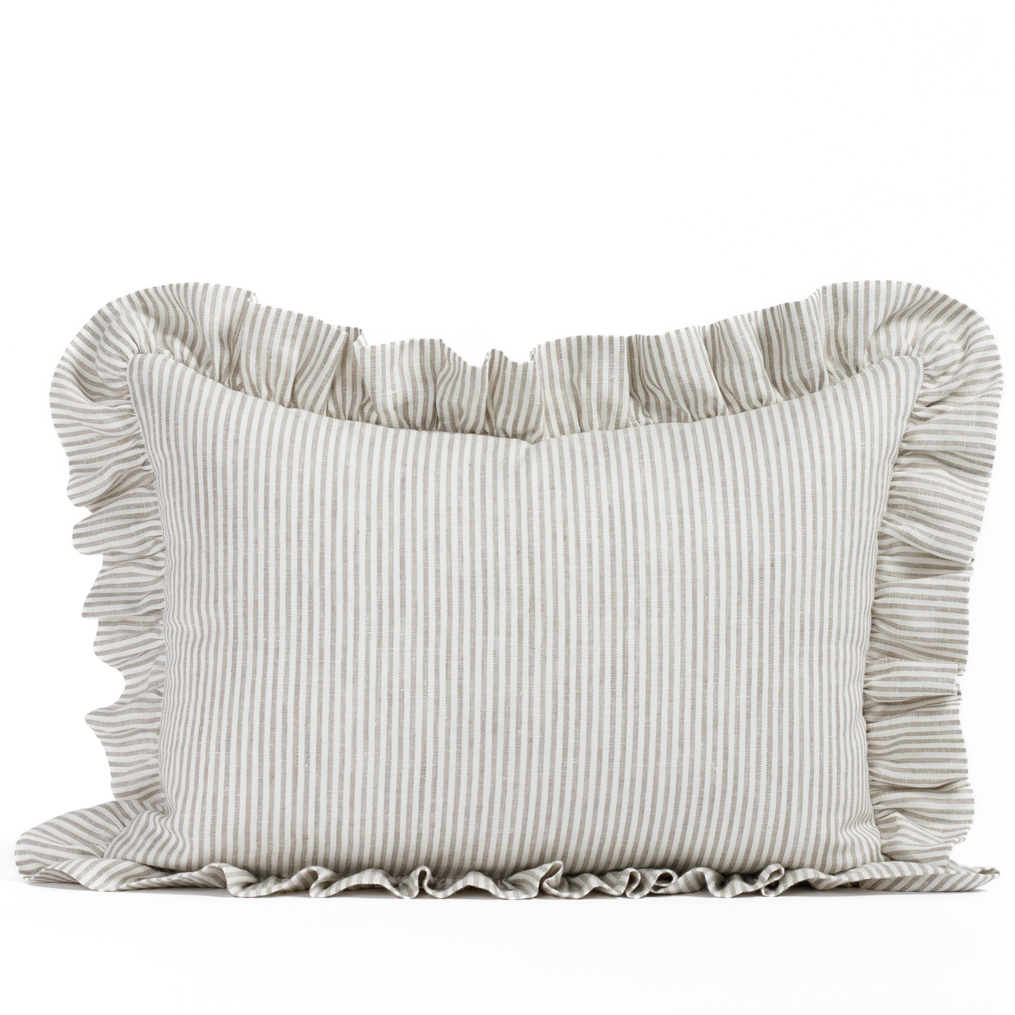 Straight-on view of Tonic Living’s Siena 14x20 ruffle lumbar pillow in Buff, featuring a warm ivory and soft beige stripe with delicate ruffled edging.