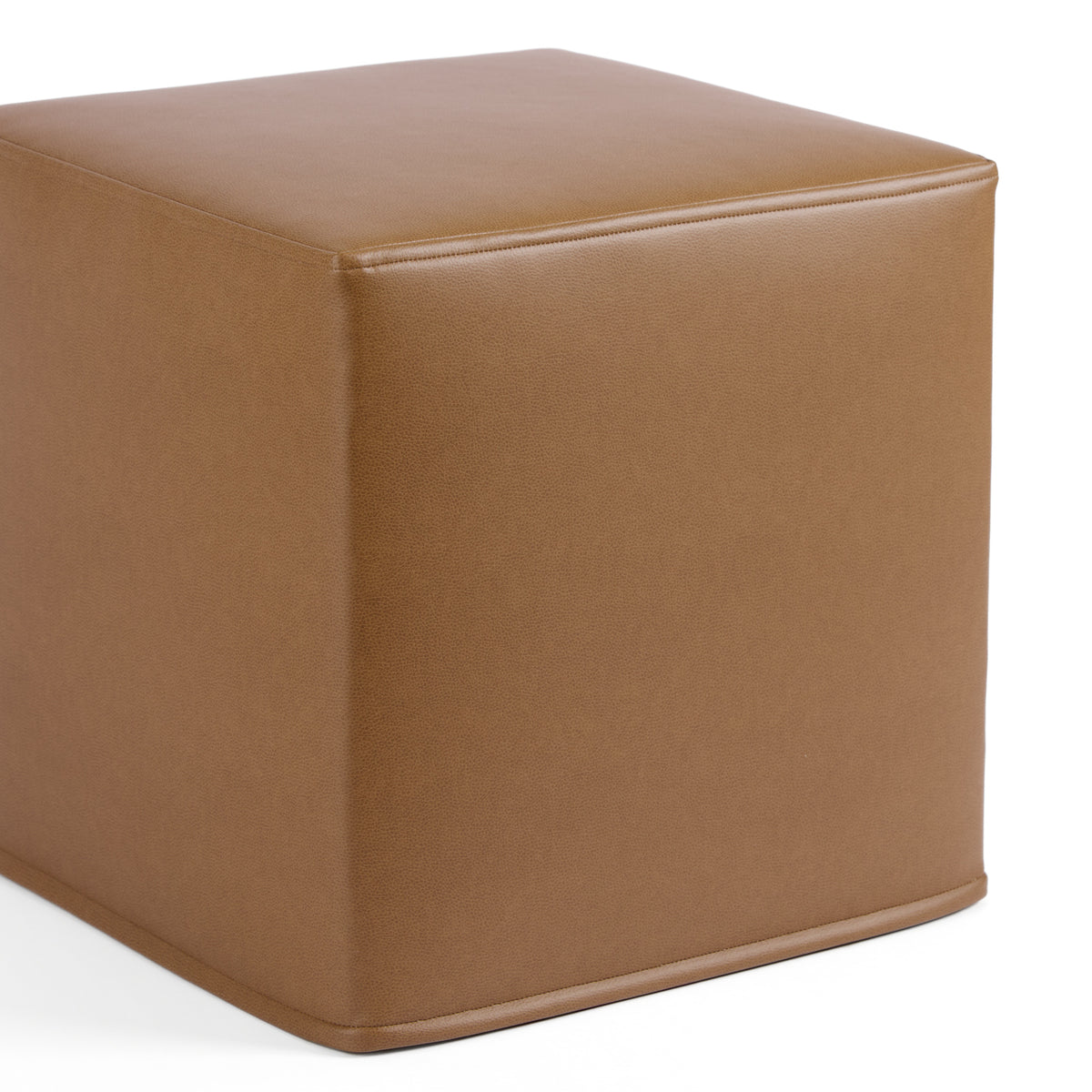 Tonic Living Smythe Faux Leather Cube Ottoman in Saddle, a warm brown upholstered footstool with a realistic leather grain and tailored design.