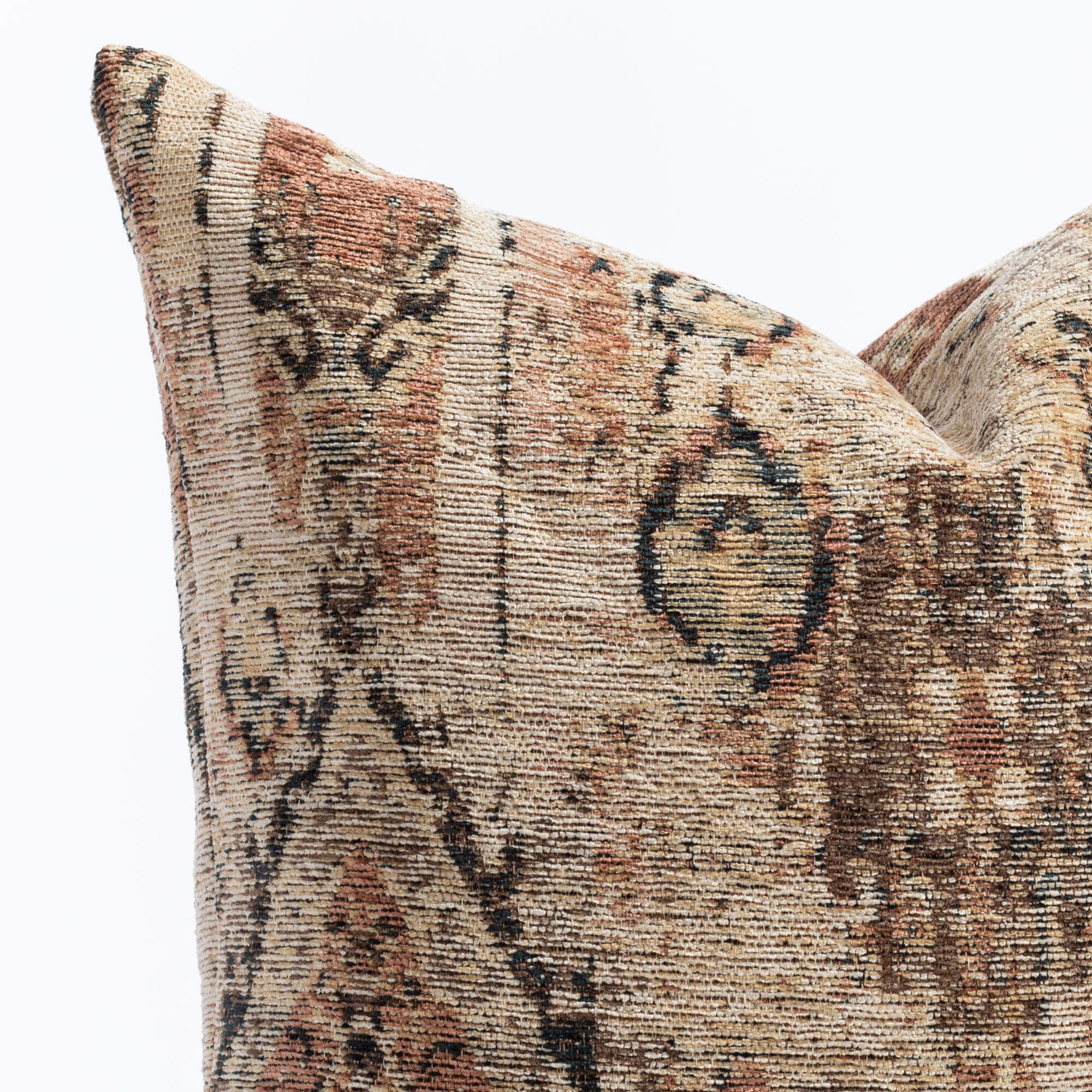 a sand, brown and rust vintage chenille woven tapestry patterned throw pillow : close up view
