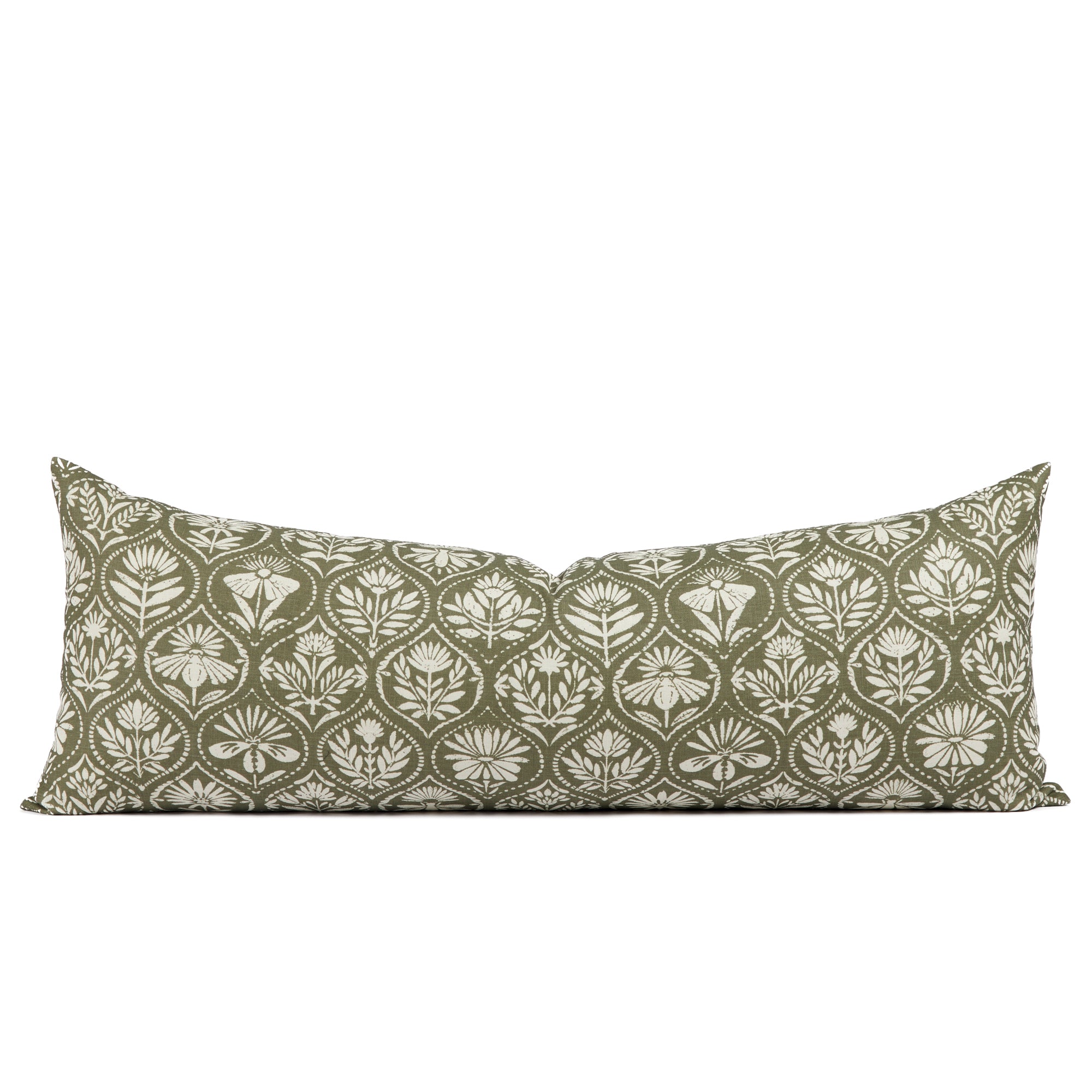 Tonic Living Stella 16x42 bolster pillow in Evergreen, a dark olive green and natural floral medallion bed bolster.