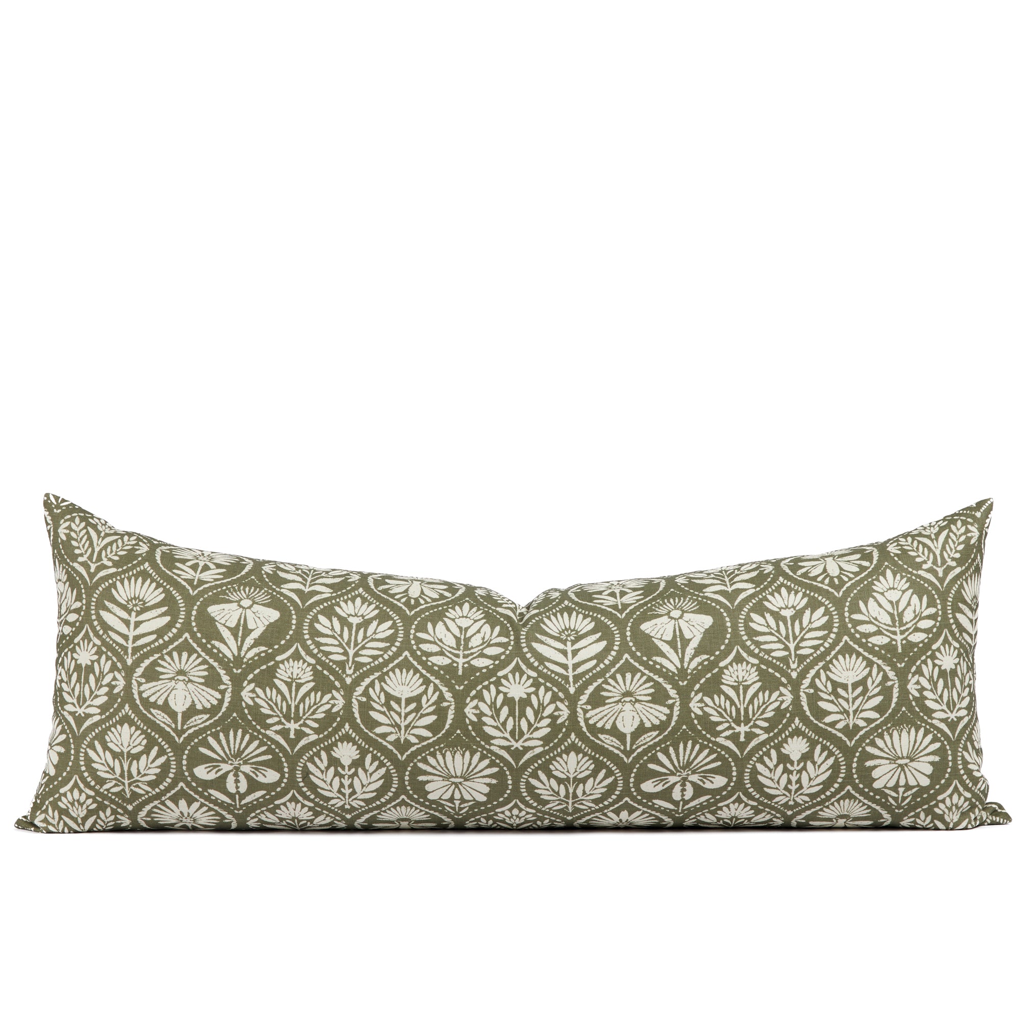 Tonic Living Stella 16x42 bolster pillow in Evergreen, a dark olive green and natural floral medallion bed bolster.