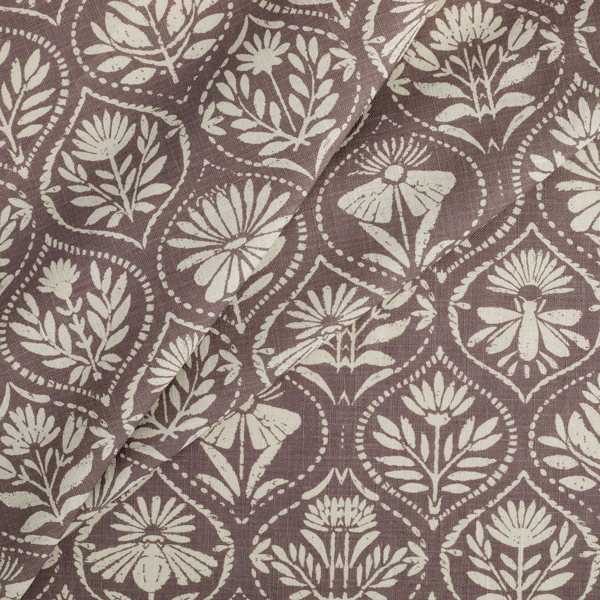 Tonic Living Stella Mauve fabric featuring an earthy purple and natural block print style pattern for curtains.