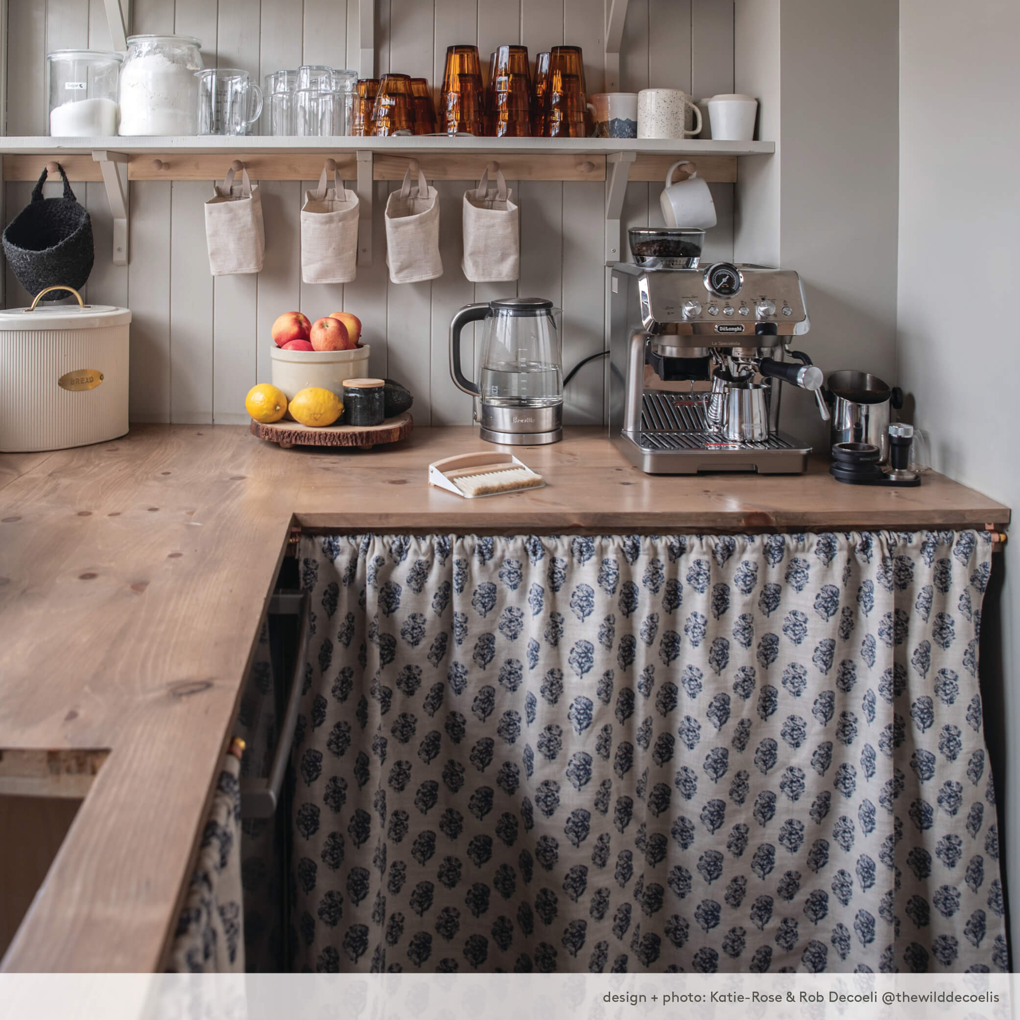 Country kitchen pantry, at the home of @thewilddecoelis, using zola blockprint fabric as an under-counter cafe curtain to conceal storage.