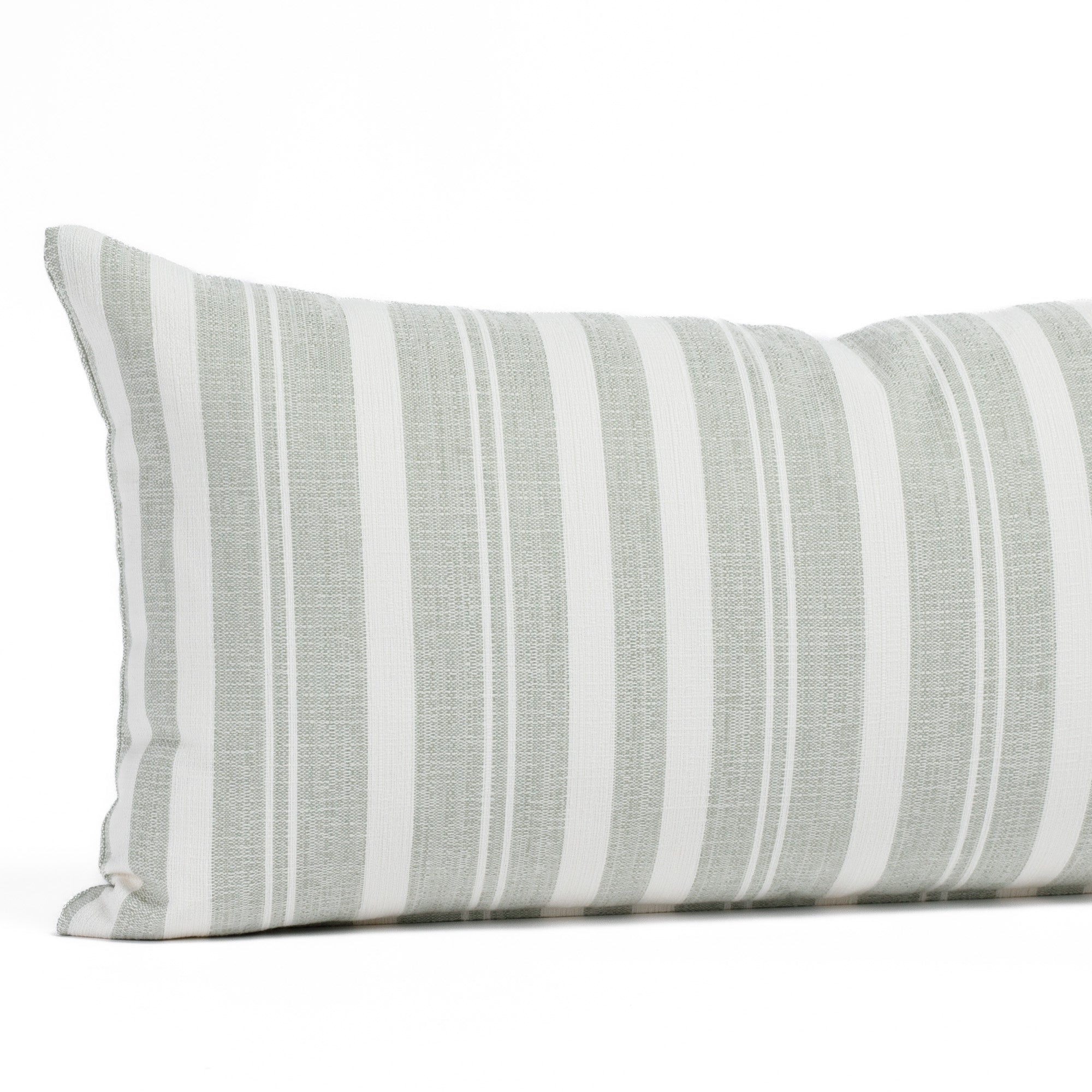 Tranquil Sage 12x24 lumbar pillow, a dusty sage and white striped indoor/outdoor pillow from Tonic Living: close-up view.