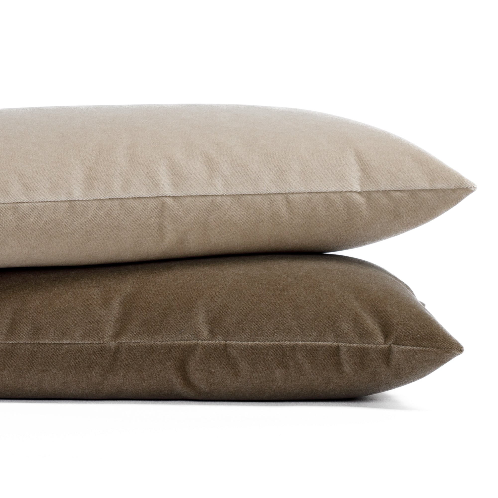 Two Valentina Velvet lumbar pillows from Tonic Living, in rich taupe and brown.