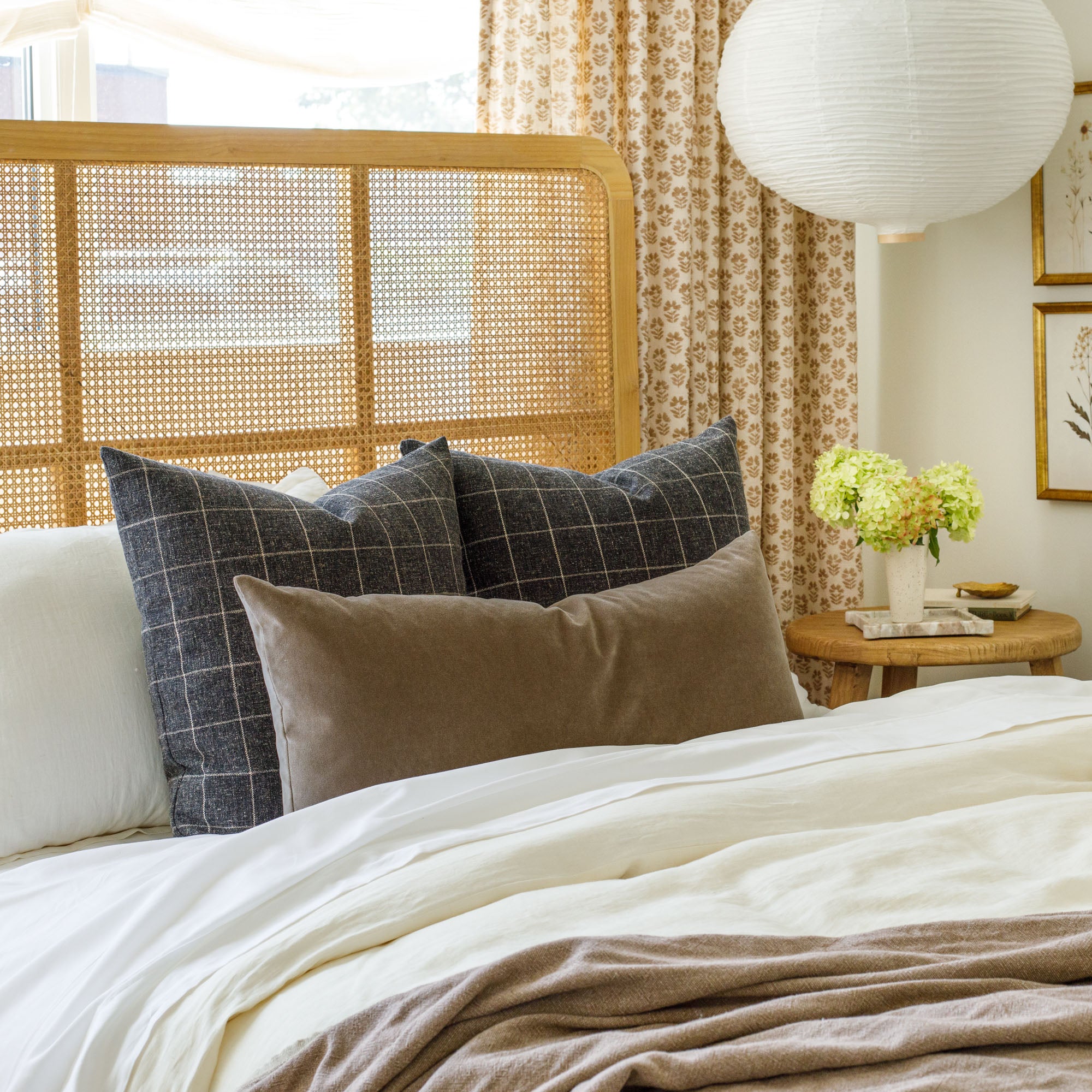 Bedroom styled with Tonic Living throw pillows - Dundee Sable charcoal & Valentina Velvet Toffee lumbar