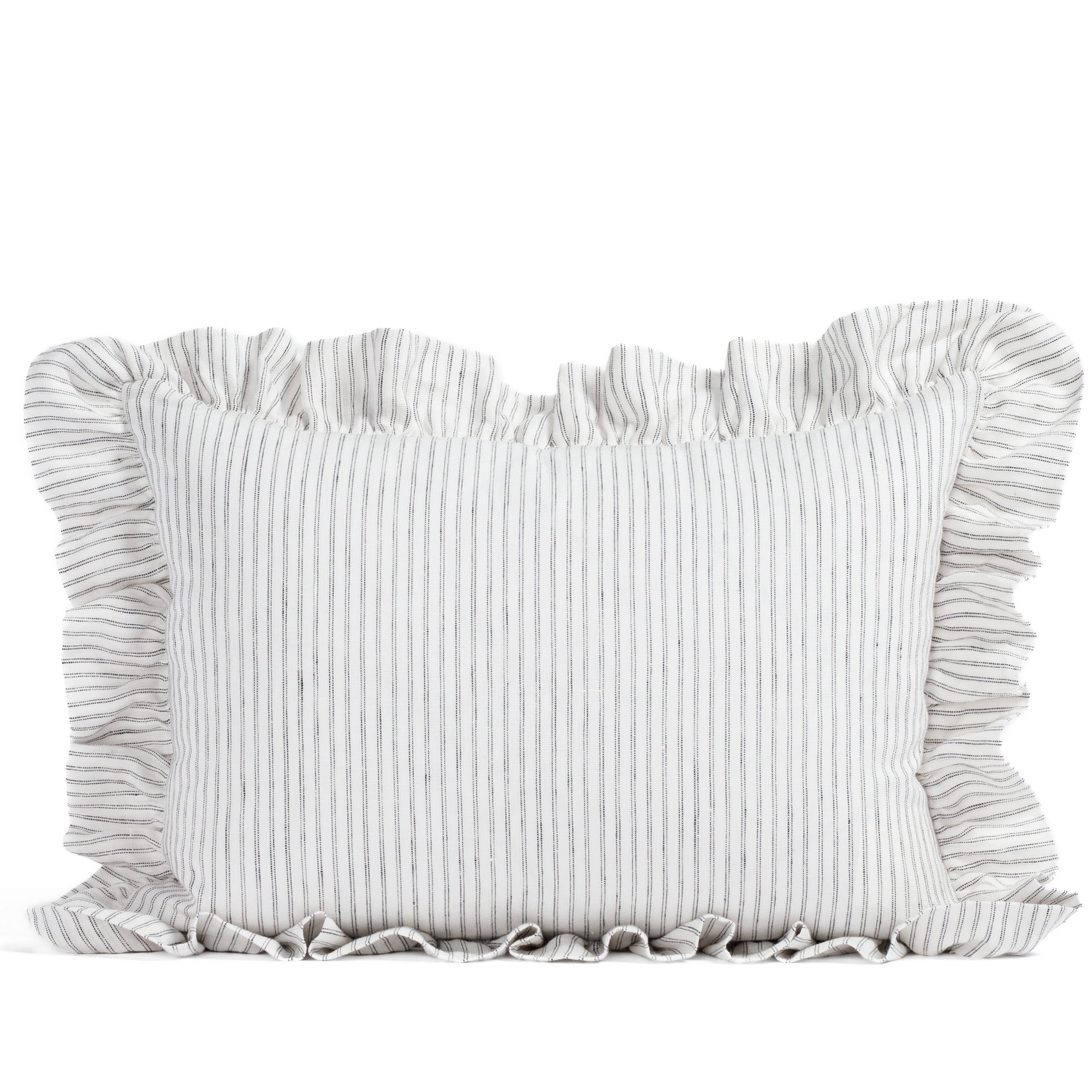 Straight-on view of Tonic Living’s Verona Stripe 14x20 ruffle lumbar pillow in Jet, featuring a creamy white base with soft black pinstripes and delicate ruffled edges.
